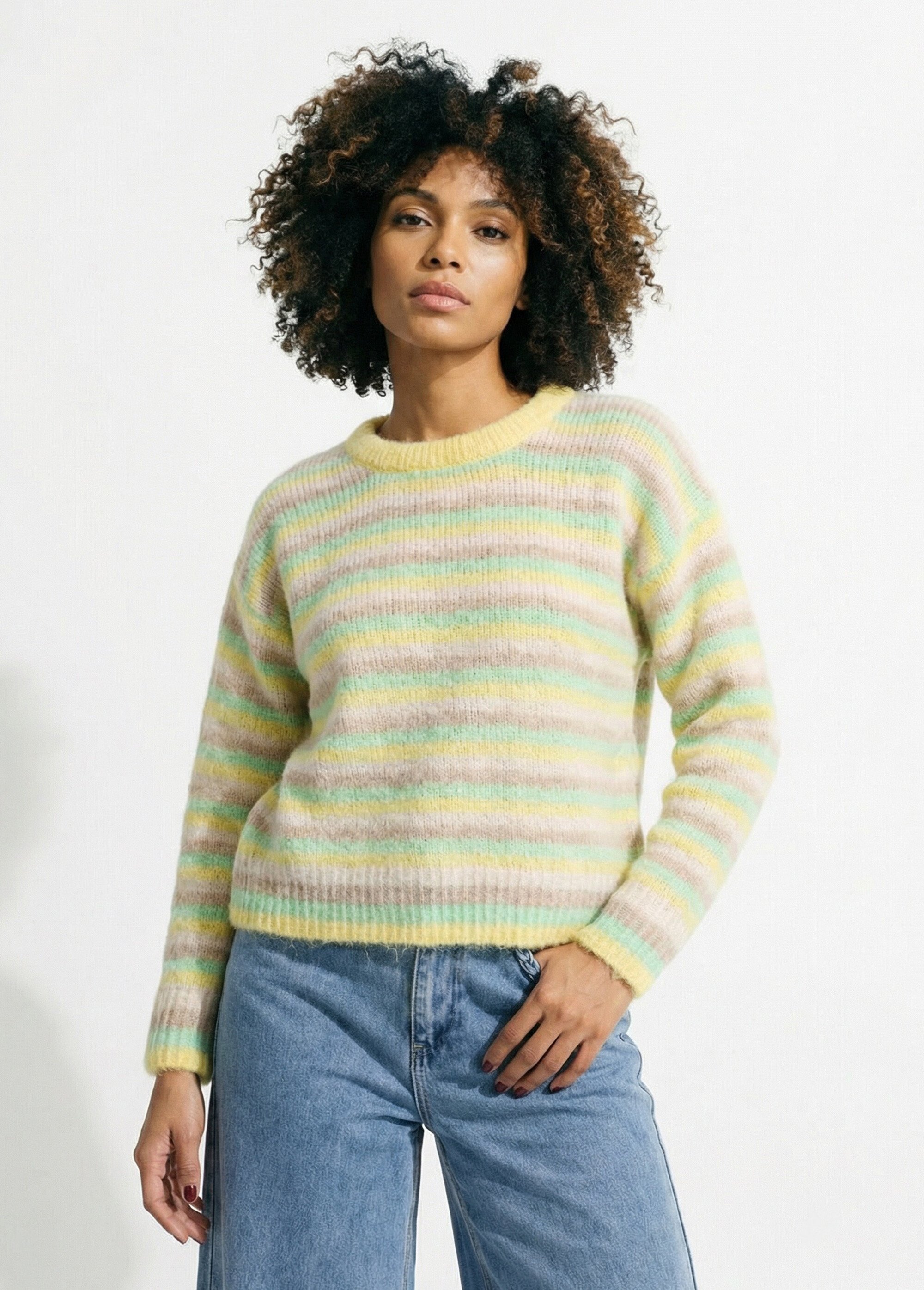 Pull duveteux col rond, rayures pastel Femme Jaune JS-JP-8396 FA1