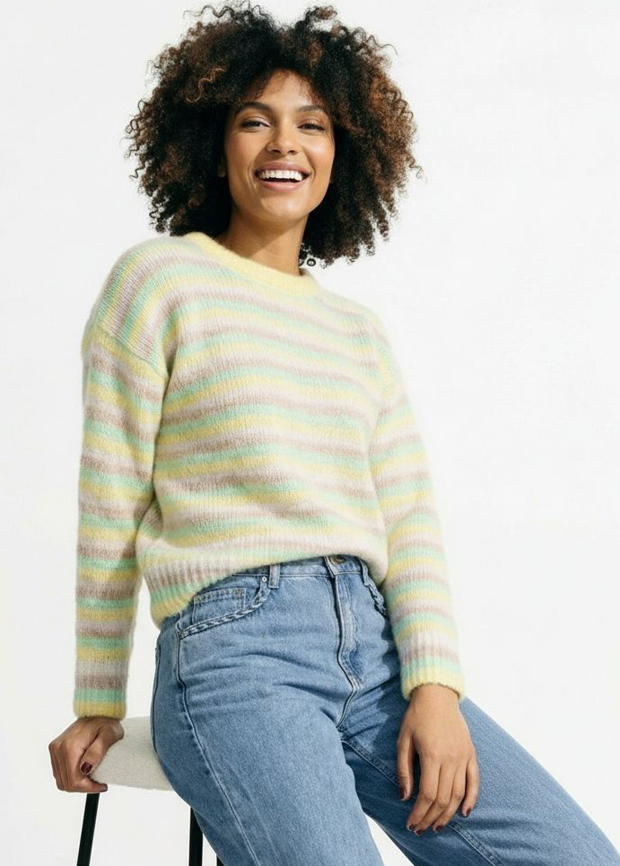 Pull duveteux col rond, rayures pastel Femme Jaune JS-JP-8396 MV1