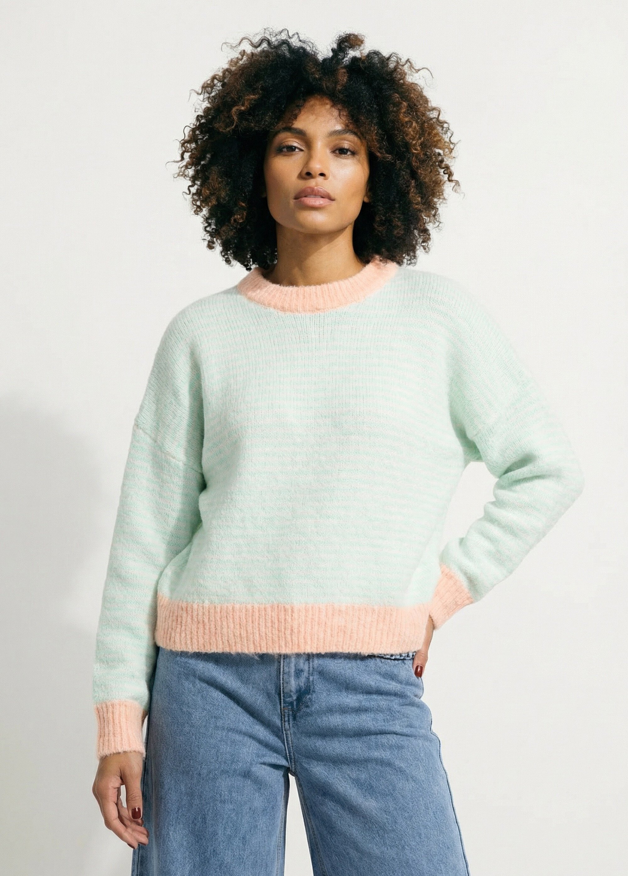 Pull duveteux rayé pastel forme loose Femme Vert JS-JP-7625 FA1