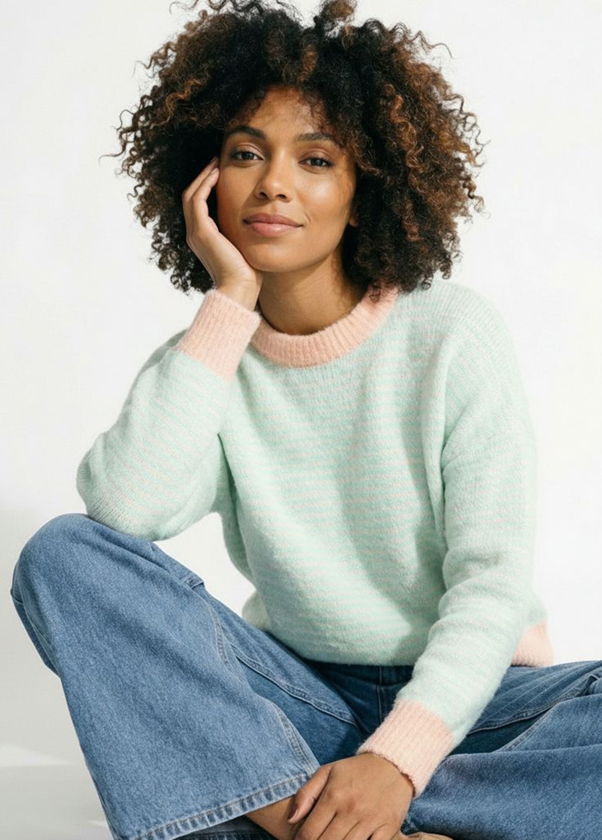 Pull duveteux rayé pastel forme loose Femme Vert JS-JP-7625 MV1