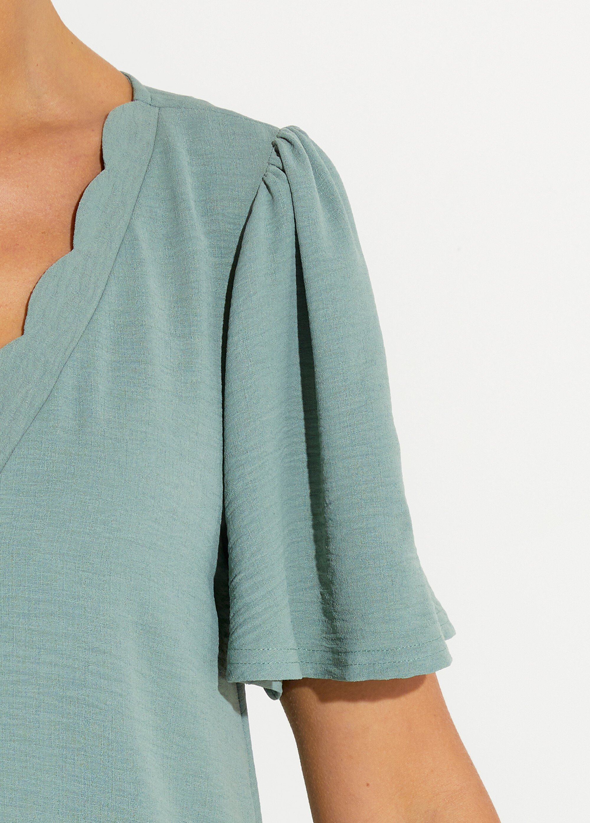 Robe droite courte col V festonné Femme VERT SAUGE ECLAIR DE2