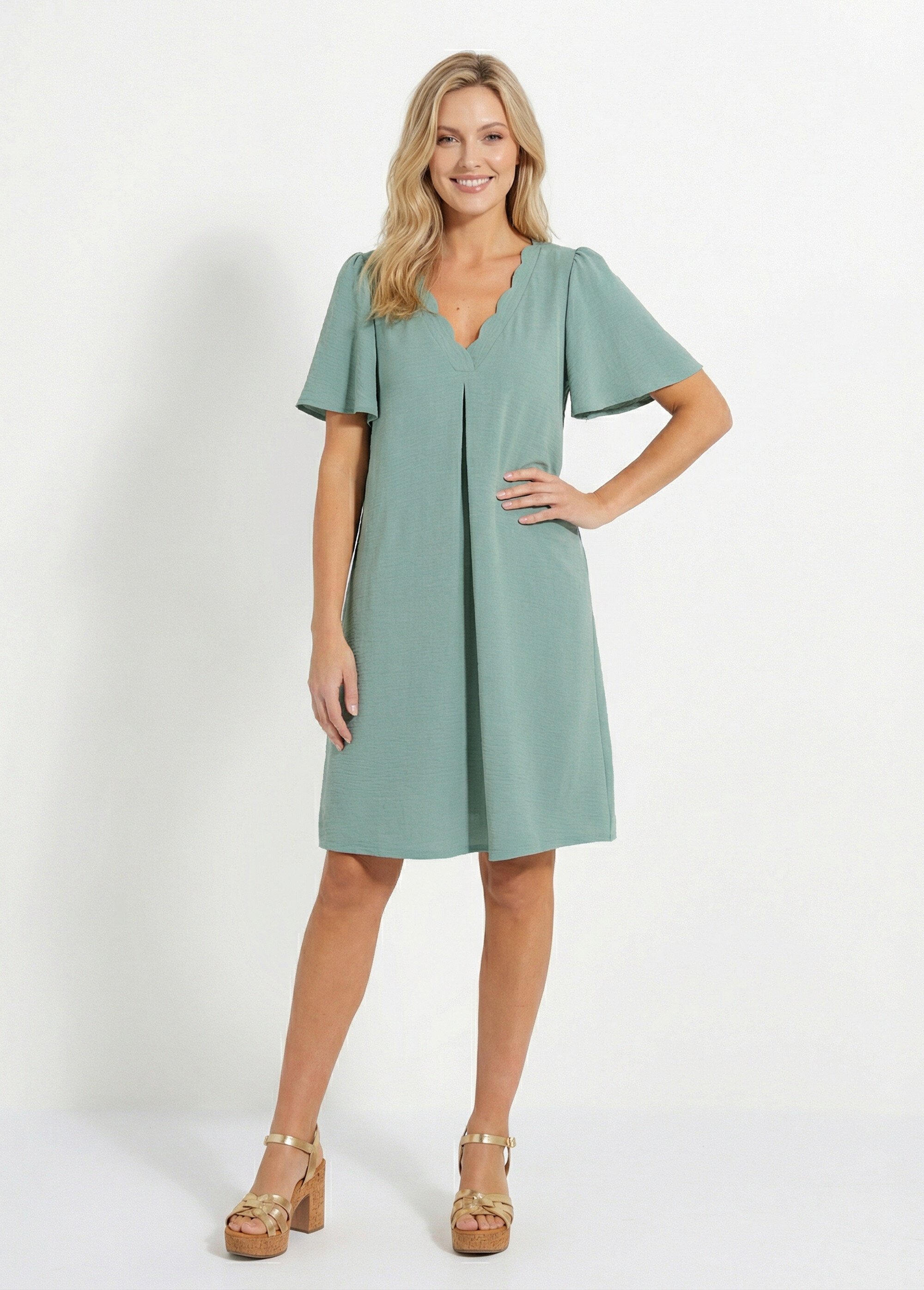 Robe droite courte col V festonné Femme VERT SAUGE ECLAIR FA1