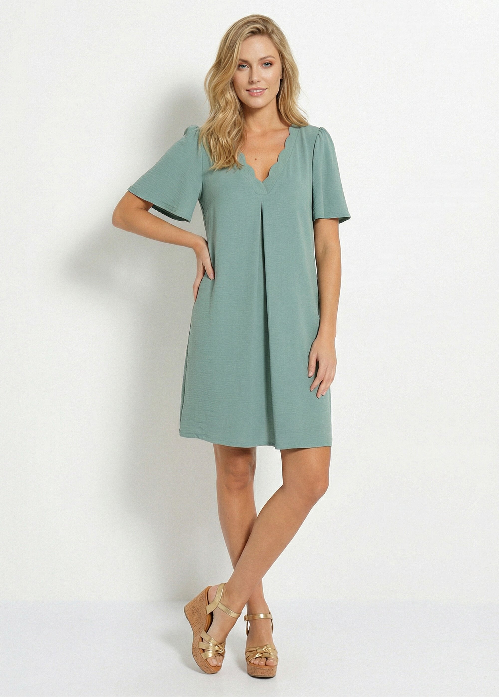 Robe droite courte col V festonné Femme VERT SAUGE ECLAIR MV1