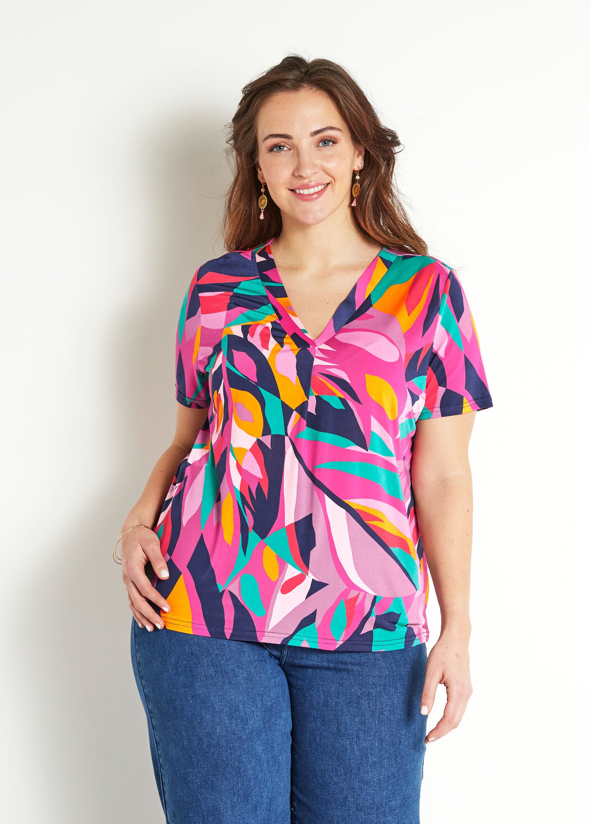 T-shirt ample col V manches courtes imprimé