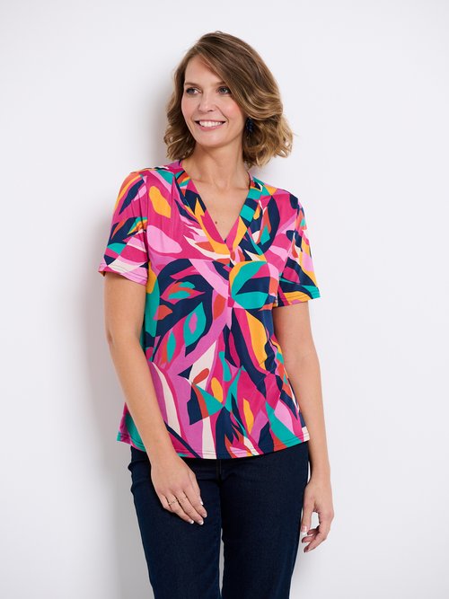 T-shirt ample col V manches courtes imprimé Femme Rose CARRY FA2
