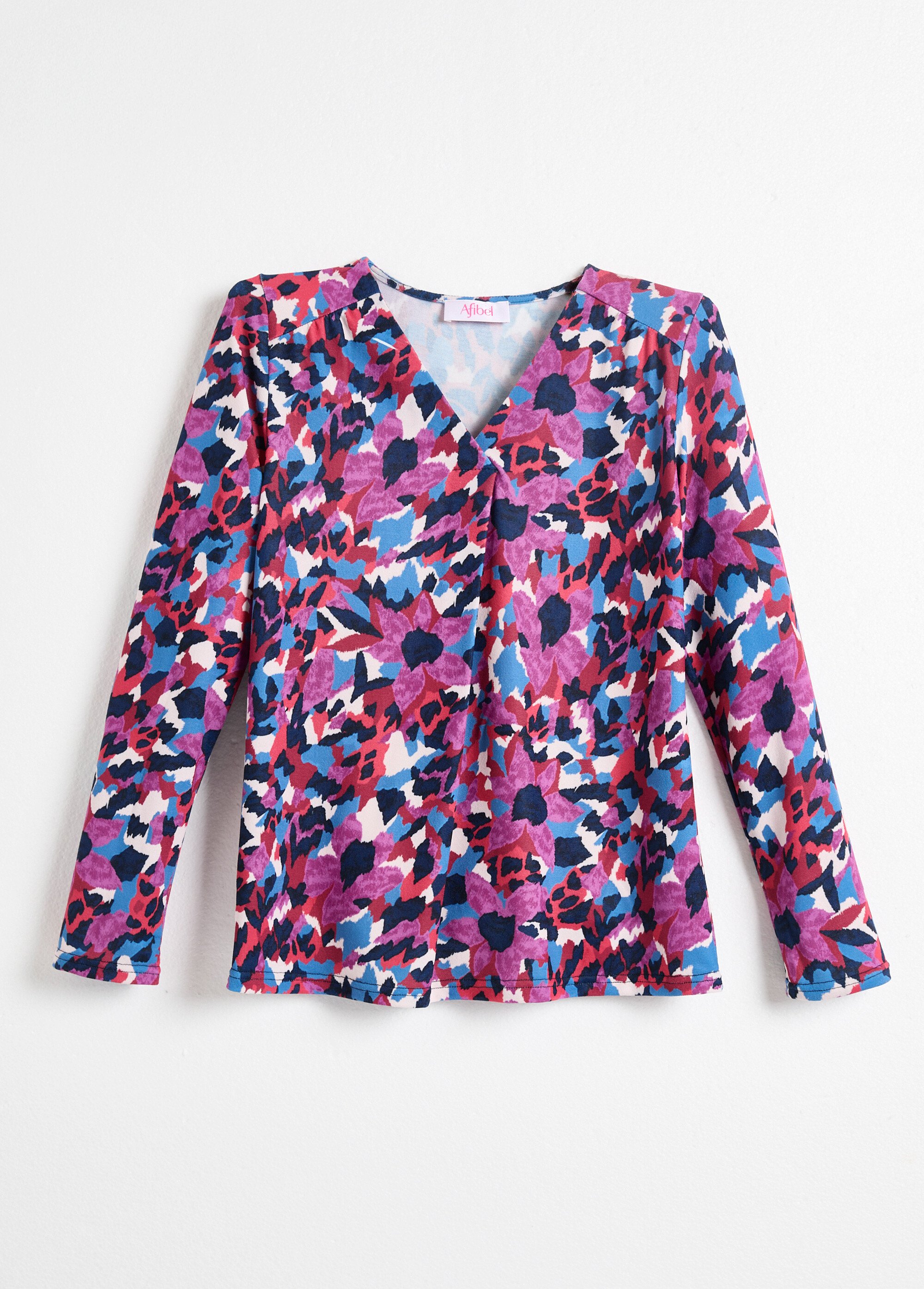 T-shirt chaud évasé col V imprimé multicolore Femme Bleu CABOTIS AP1