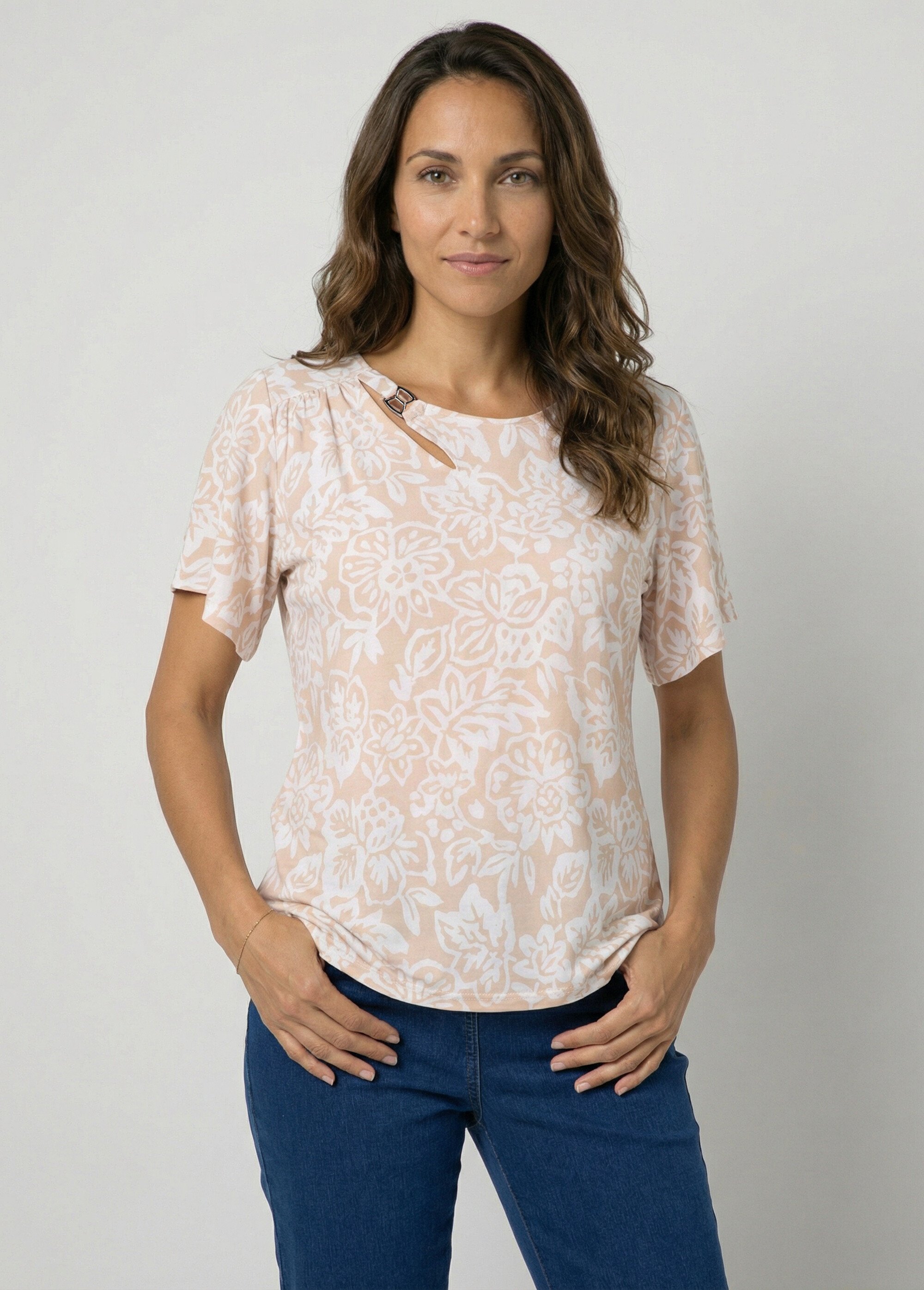 T-shirt imprimé col rond découpé Femme Beige CHAYANA FA1