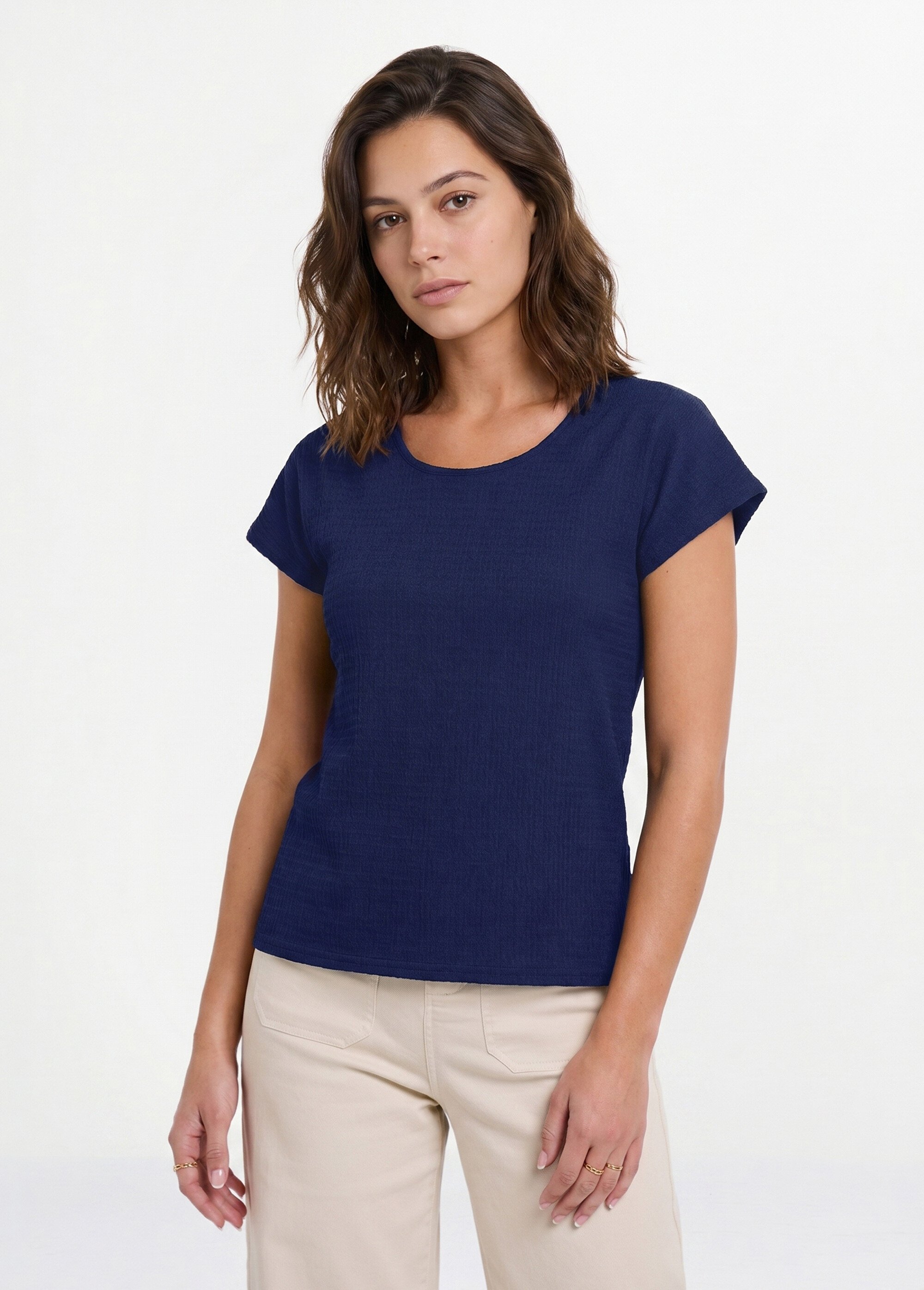 T-shirt manches courtes uni ou imprimé fleurs Femme Bleu CAZOU FA1