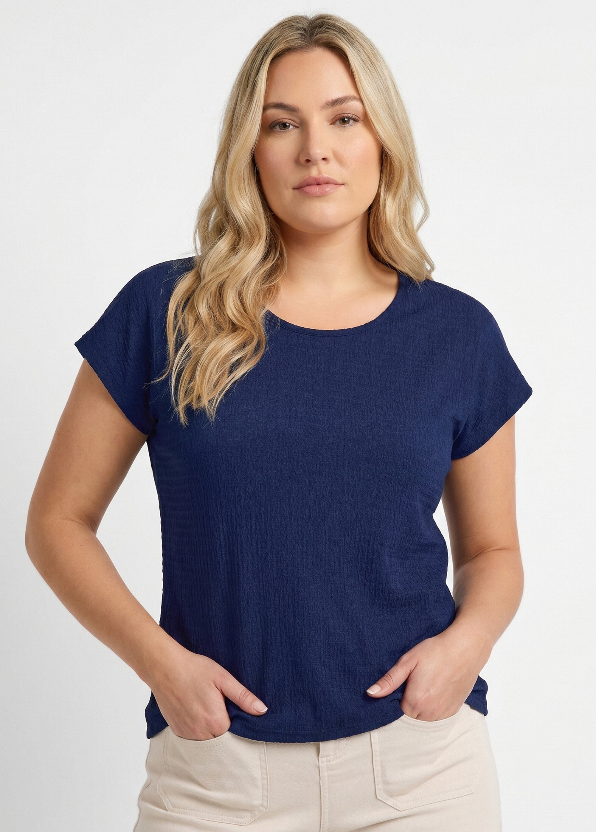 T-shirt manches courtes uni ou imprimé fleurs Femme Grande Taille Bleu CAZOU MV1