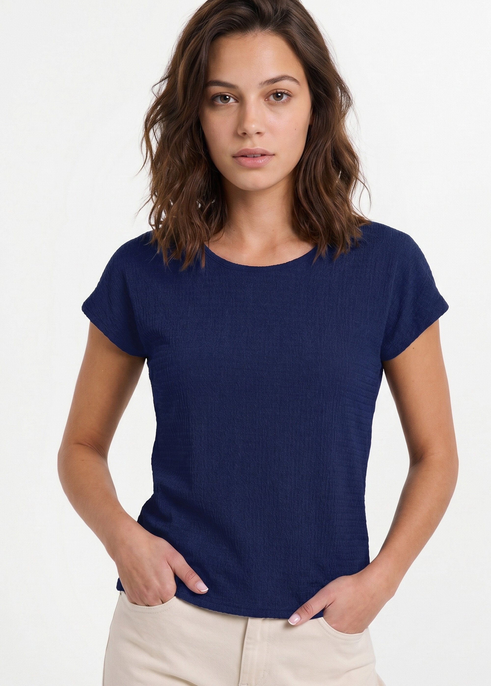 T-shirt manches courtes uni ou imprimé fleurs Femme Bleu CAZOU MV1