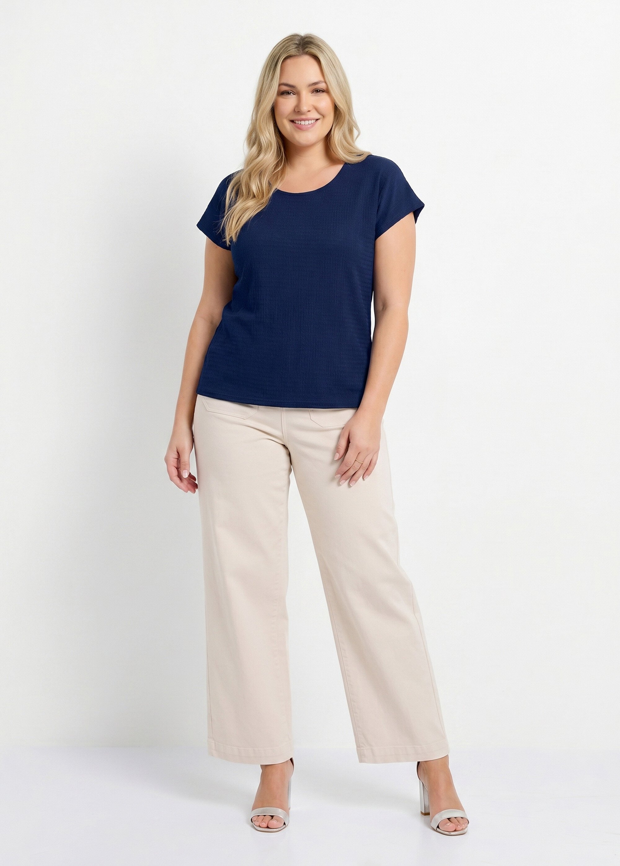 T-shirt manches courtes uni ou imprimé fleurs Femme Grande Taille Bleu CAZOU SI1