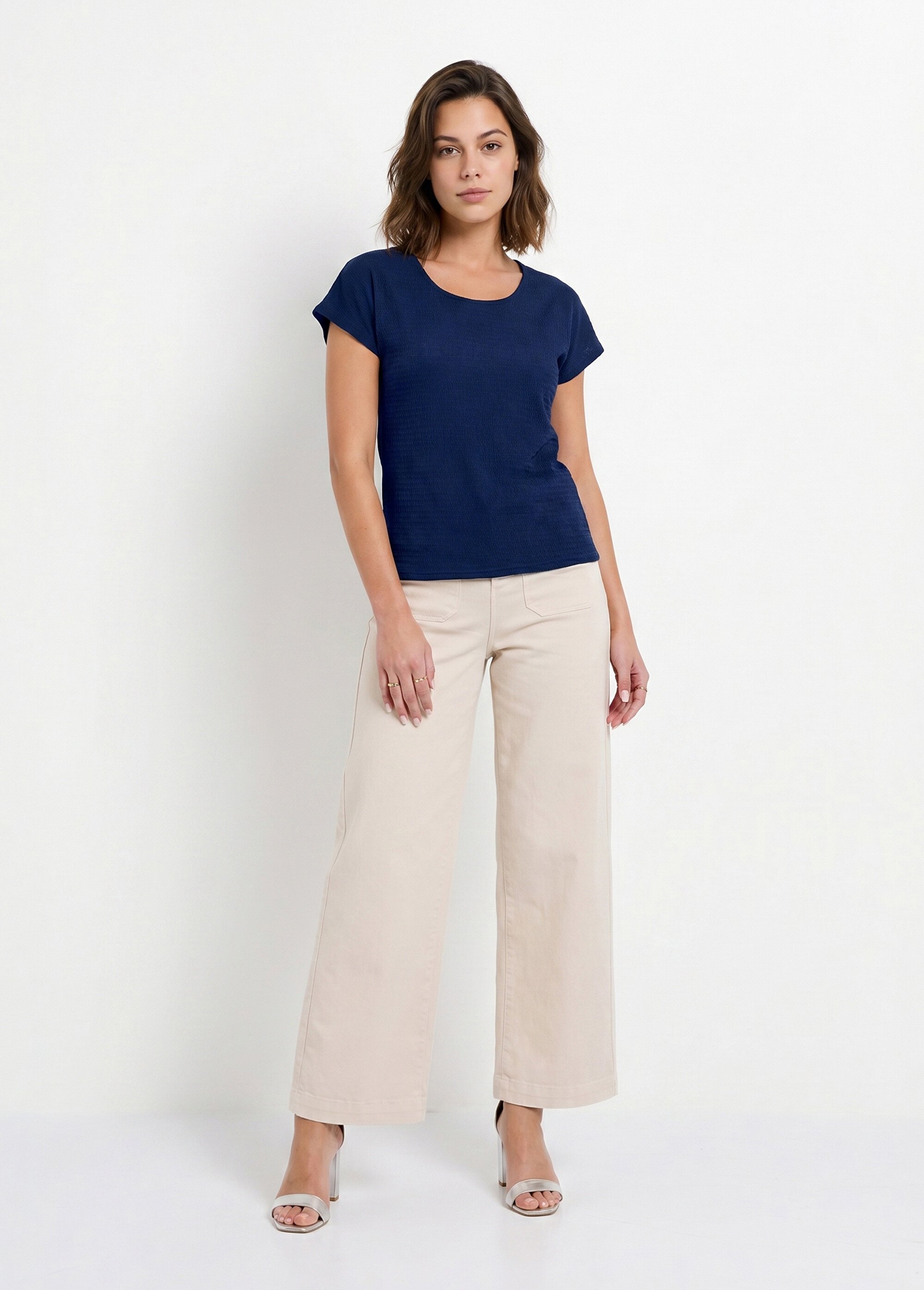T-shirt manches courtes uni ou imprimé fleurs Femme Bleu CAZOU SI1