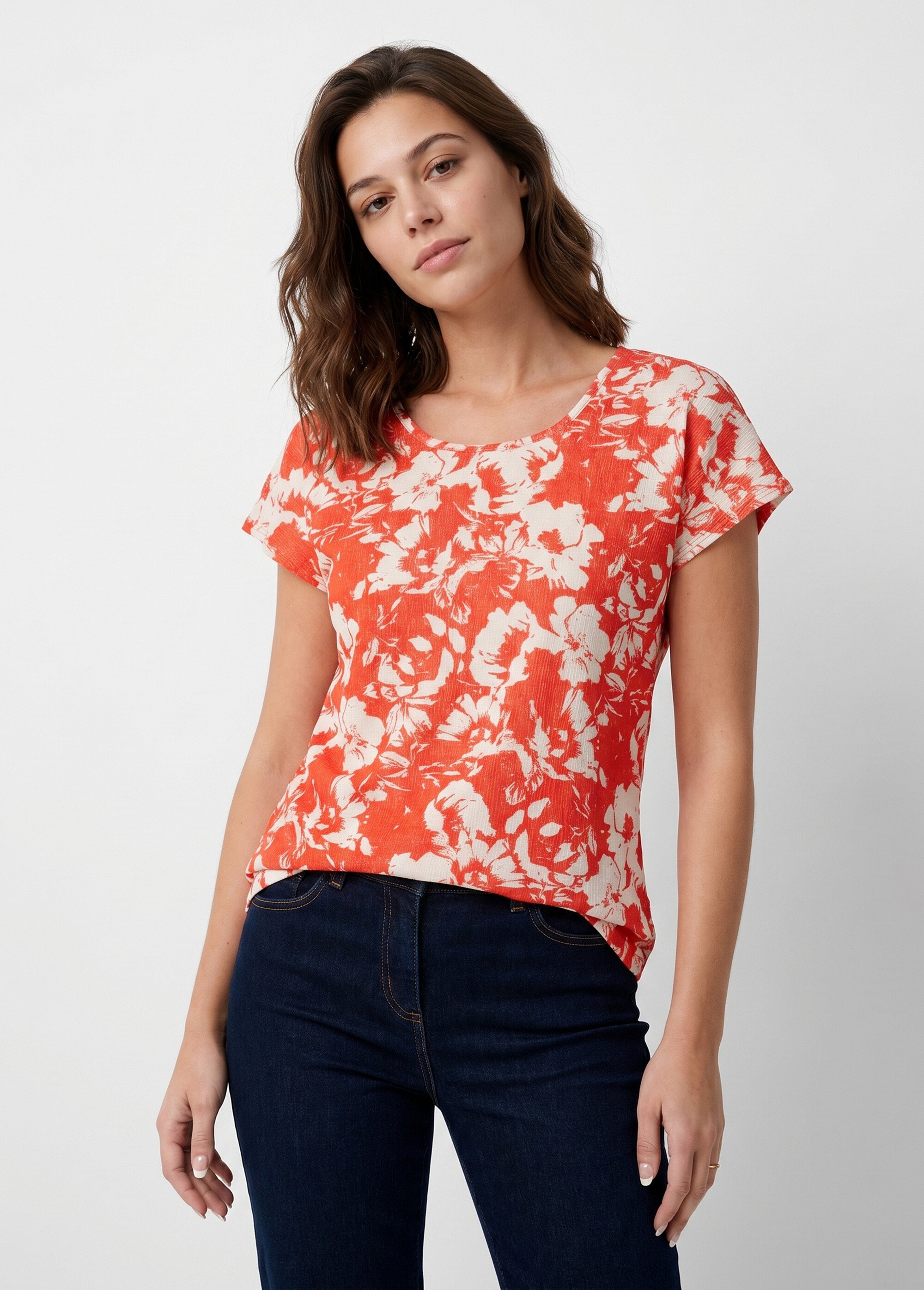 T-shirt manches courtes uni ou imprimé fleurs Femme Rouge CAZOU FA1