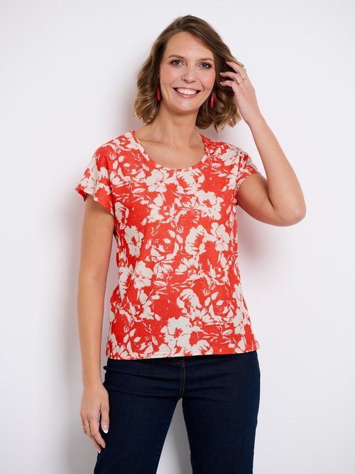 T-shirt manches courtes uni ou imprimé fleurs Femme Rouge CAZOU FA2