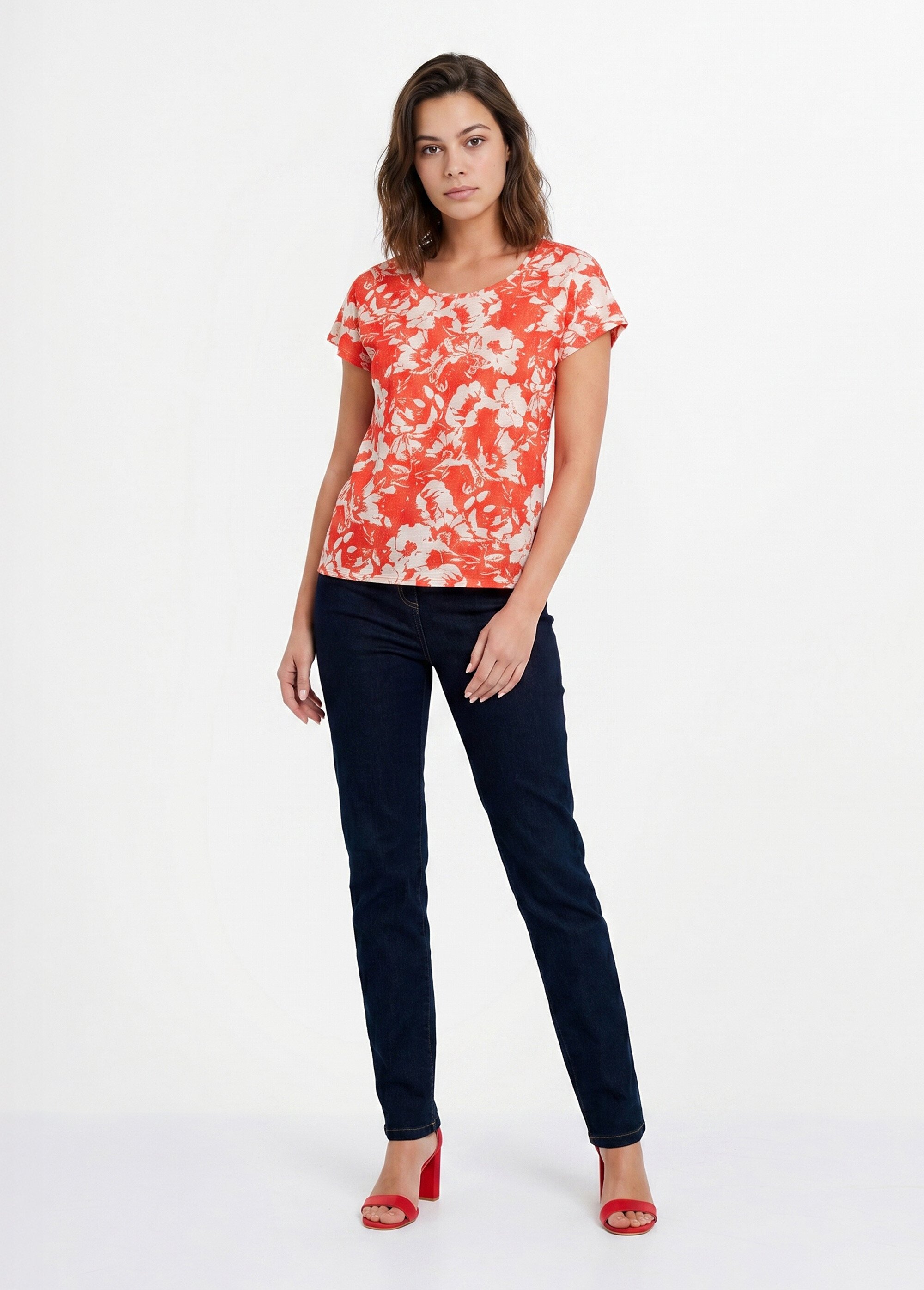 T-shirt manches courtes uni ou imprimé fleurs Femme Rouge CAZOU SI1