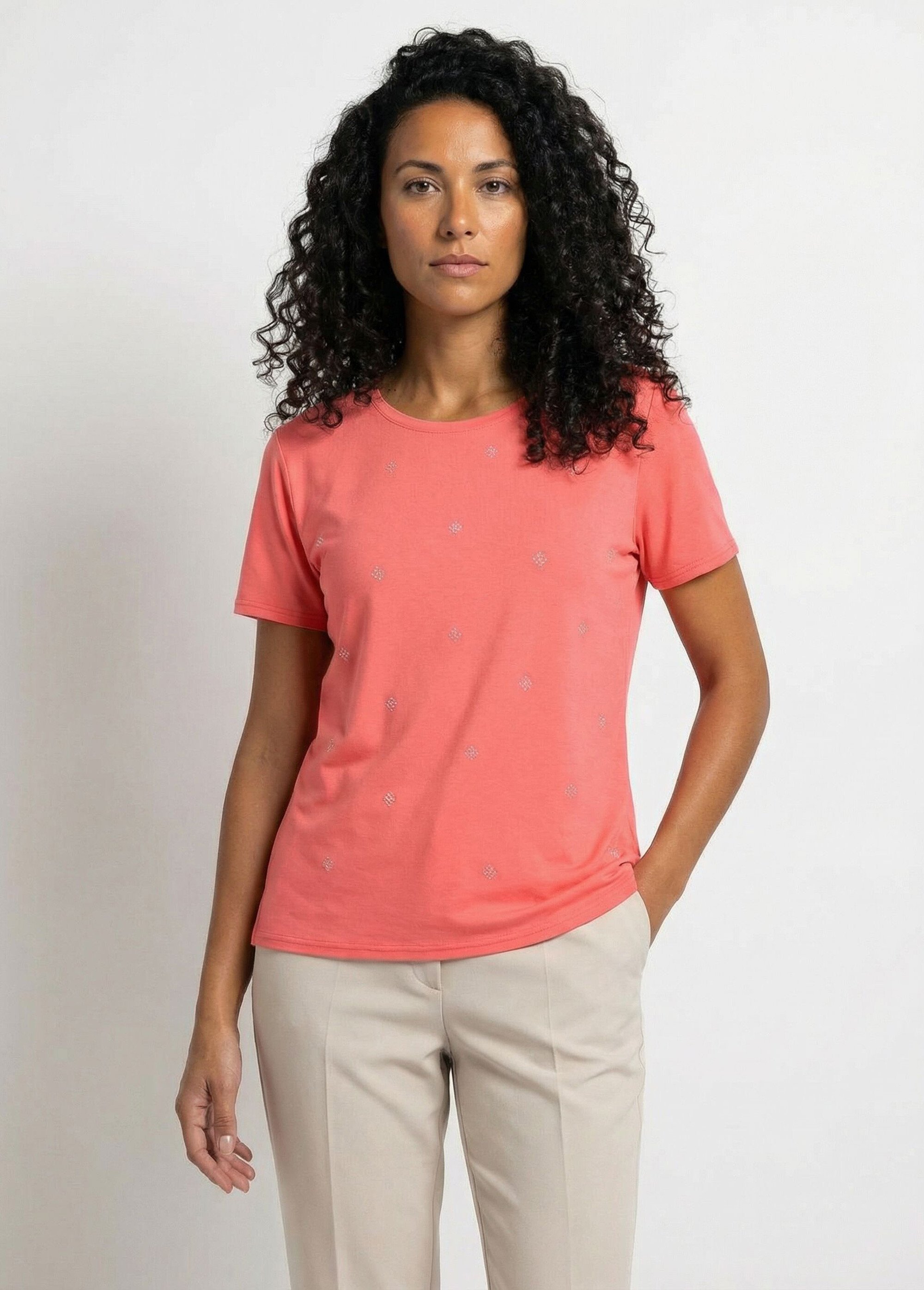 T-shirt uni strass col rond manches courtes Femme Orange CYTIA FA1