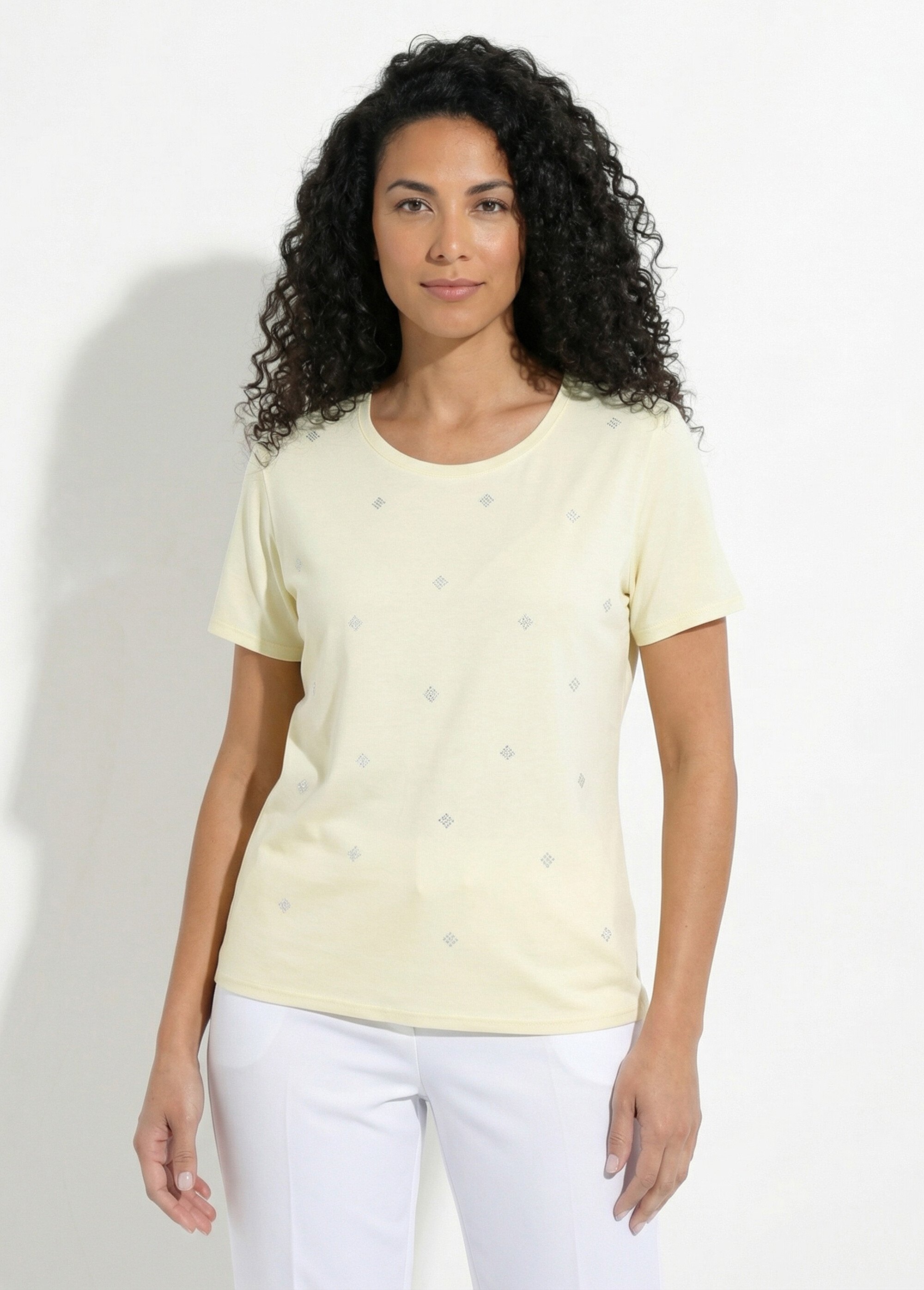 T-shirt uni strass col rond manches courtes Femme Jaune CYTIA FA1