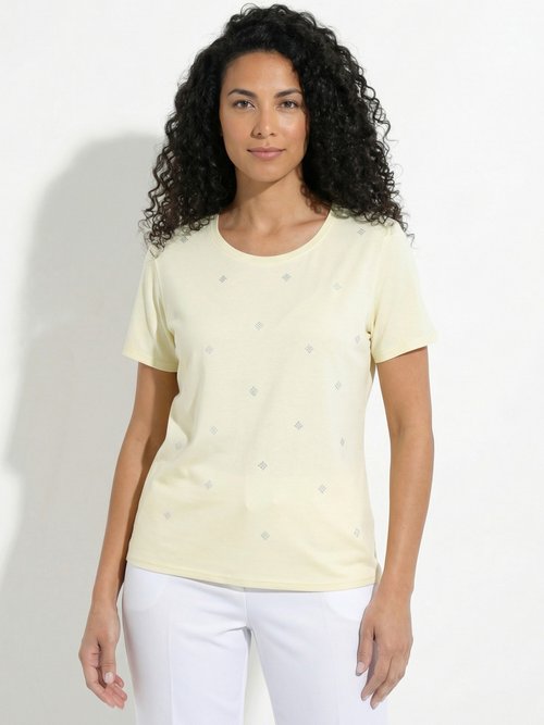 T-shirt uni strass col rond manches courtes Femme Jaune CYTIA FA1