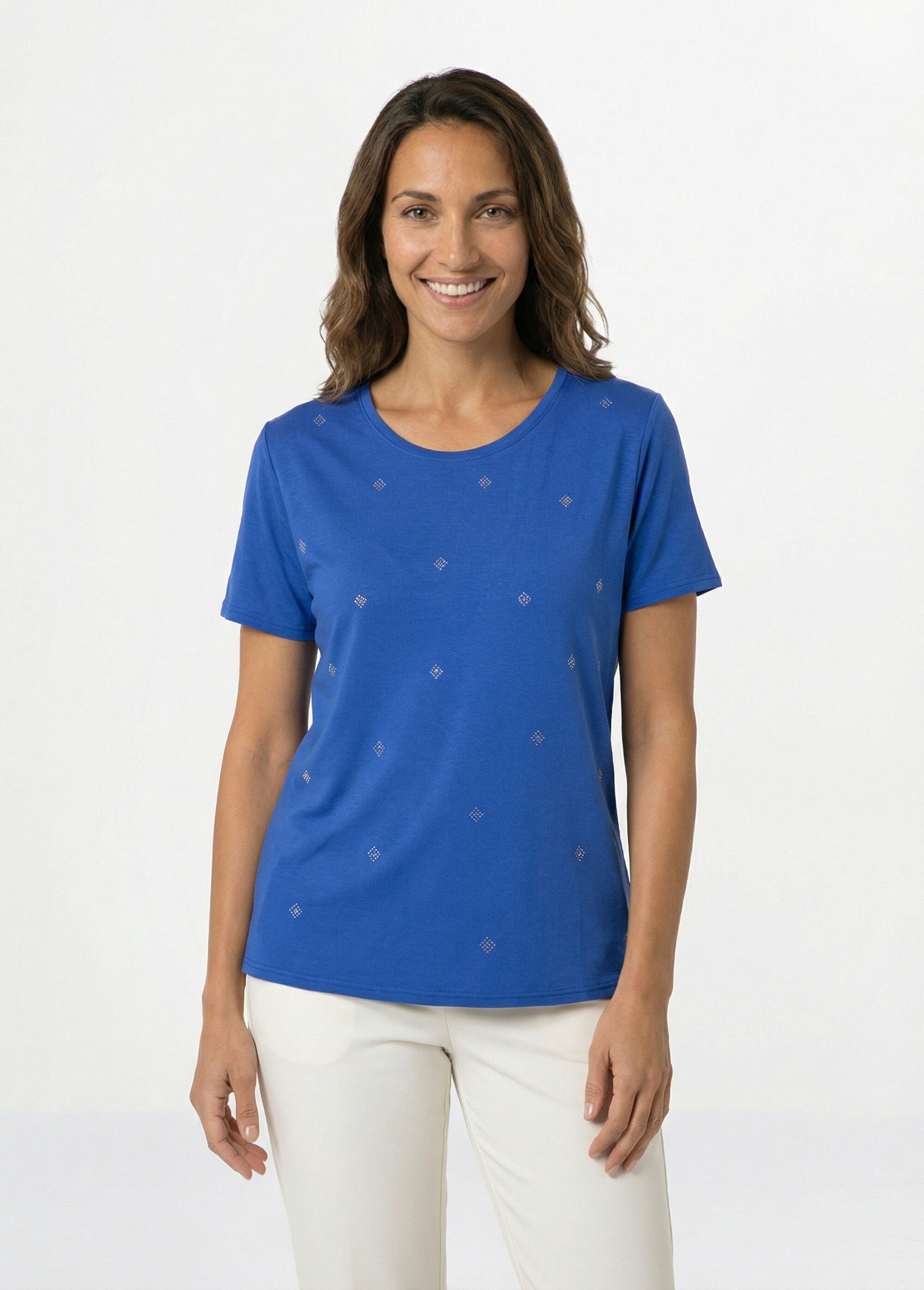 T-shirt uni strass col rond manches courtes Femme Bleu CYTIA FA1