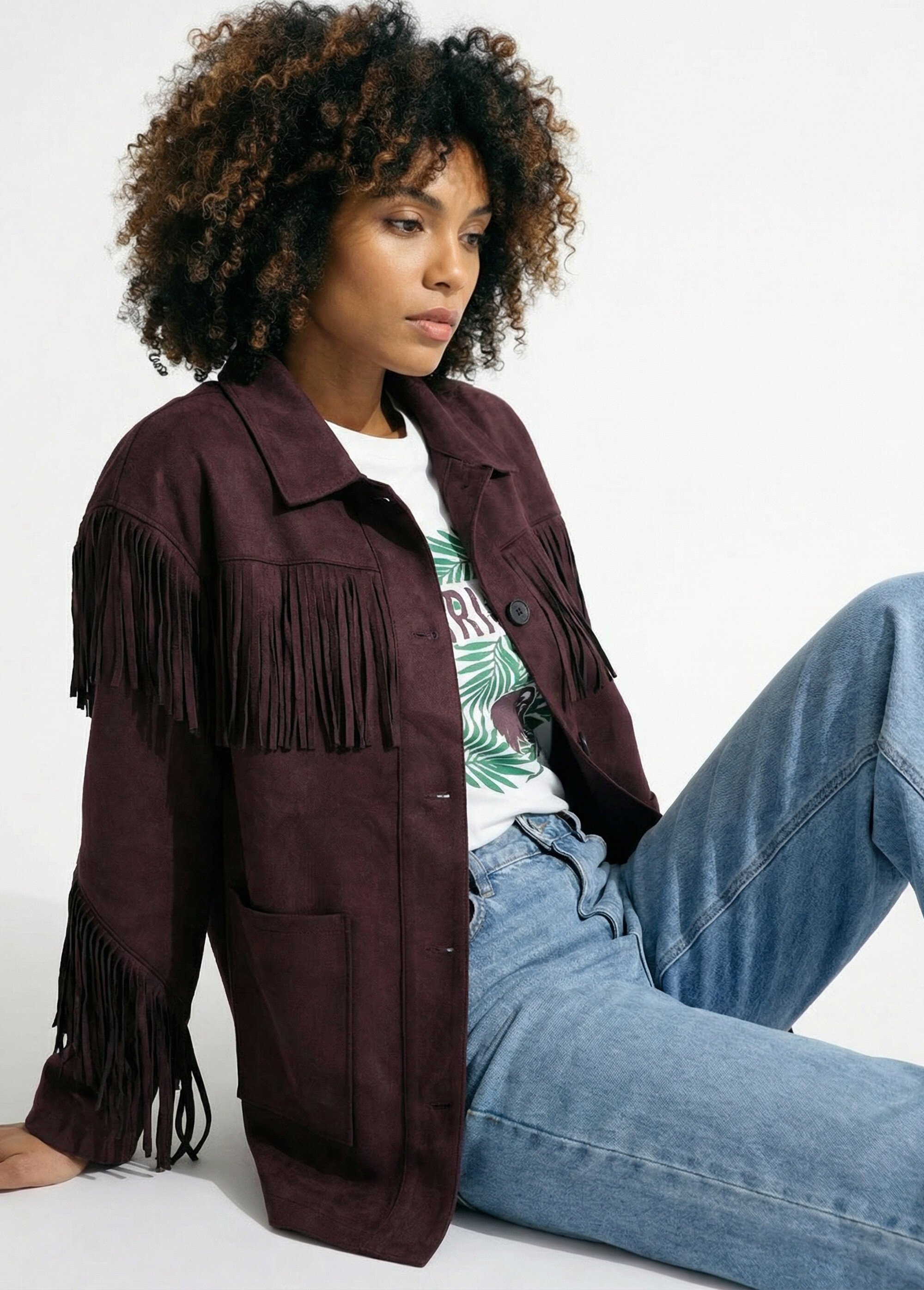 Veste longue en suédine à franges Femme Marron JS-JS-1157 MV1