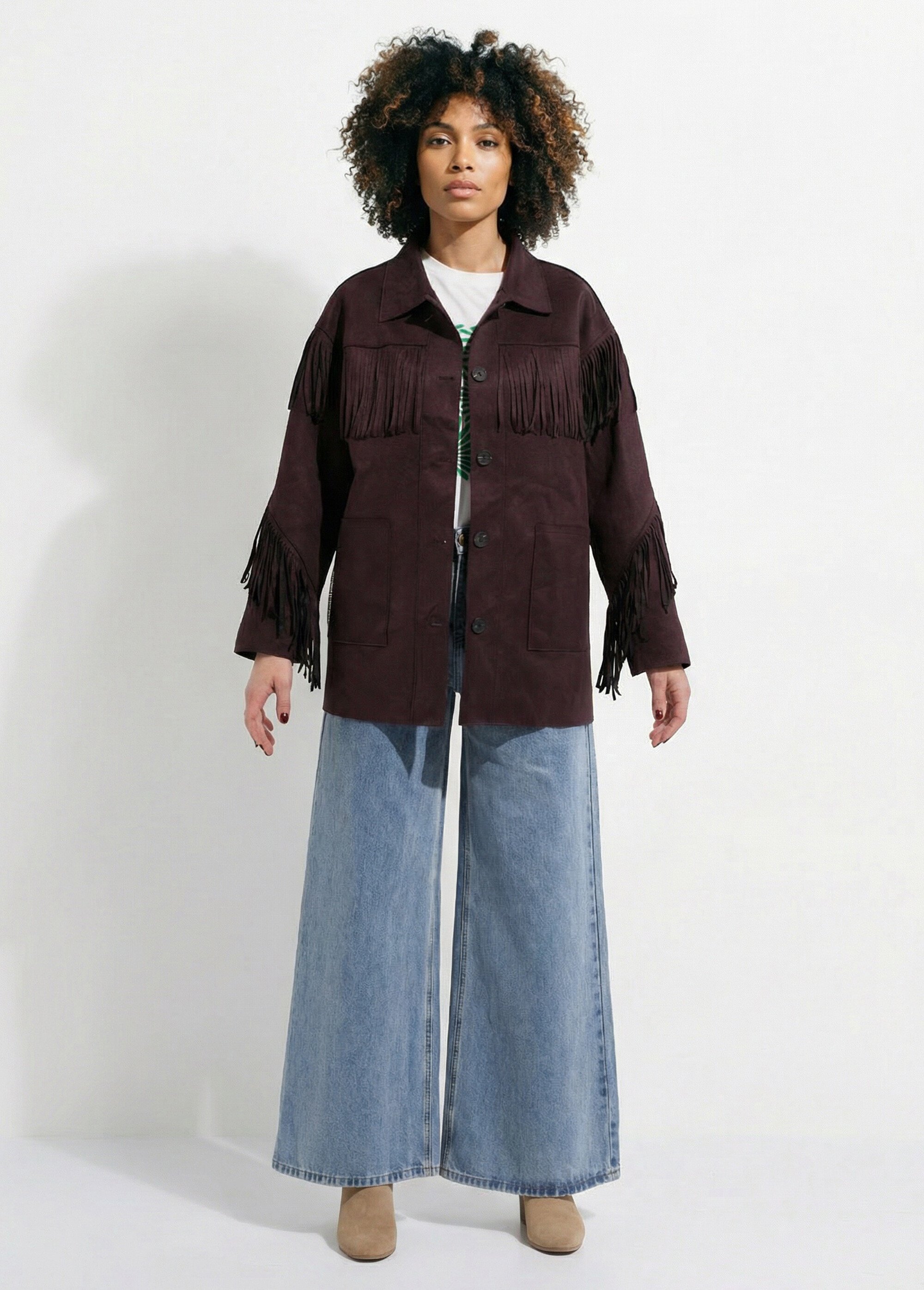 Veste longue en suédine à franges Femme Marron JS-JS-1157 SF1