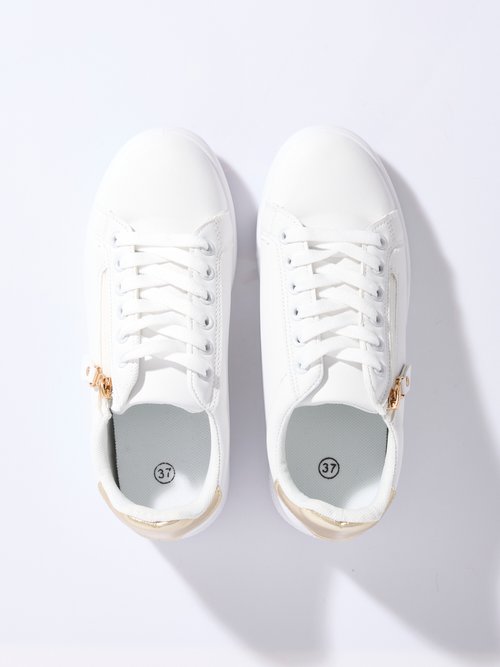 Baskets épurées à lacets, détail talon Femme Blanc LBS-DKB8367 OV1