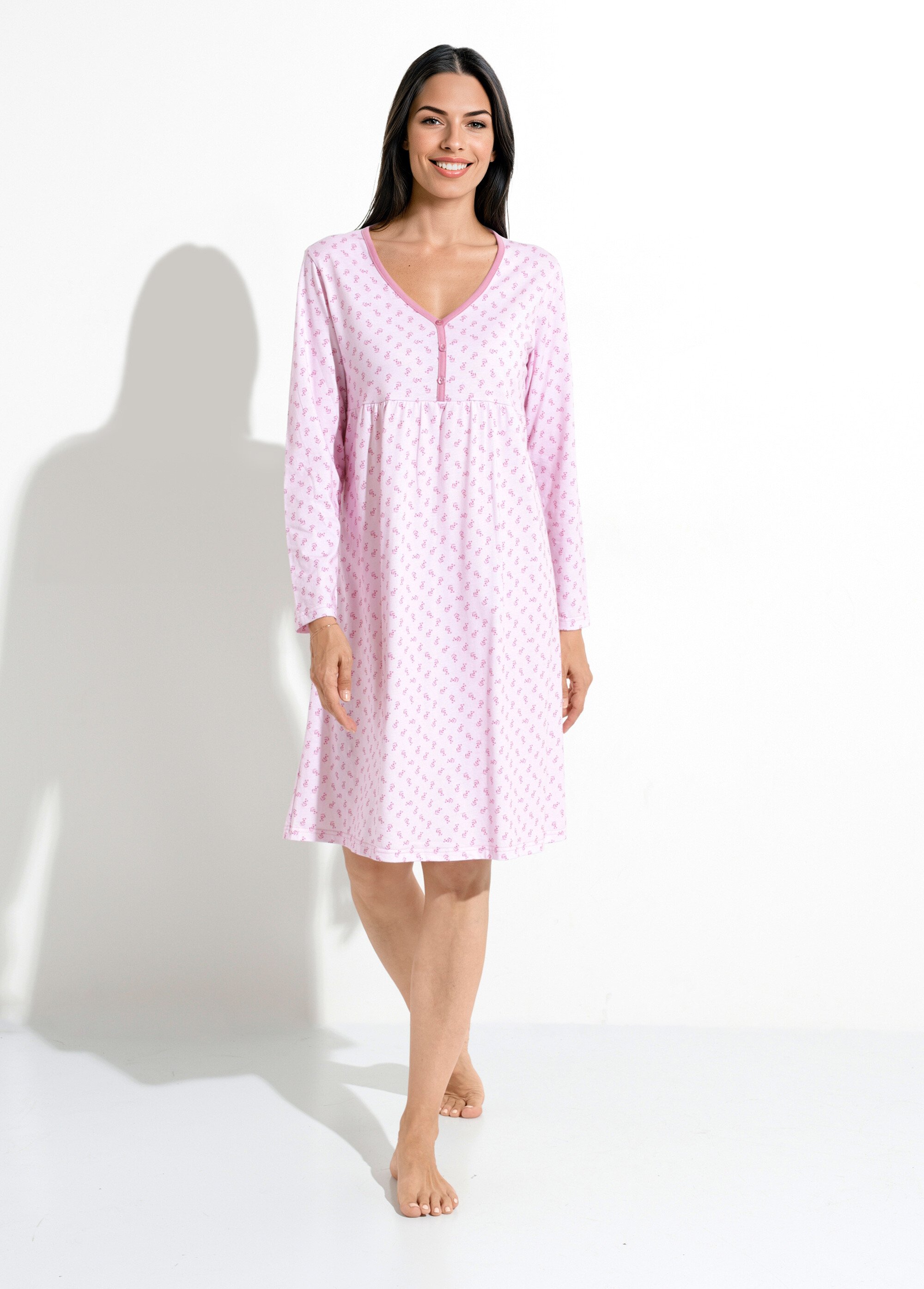 Chemise de nuit longue manches 3/4 coton imprimé Femme Rose SOUPLE FA1