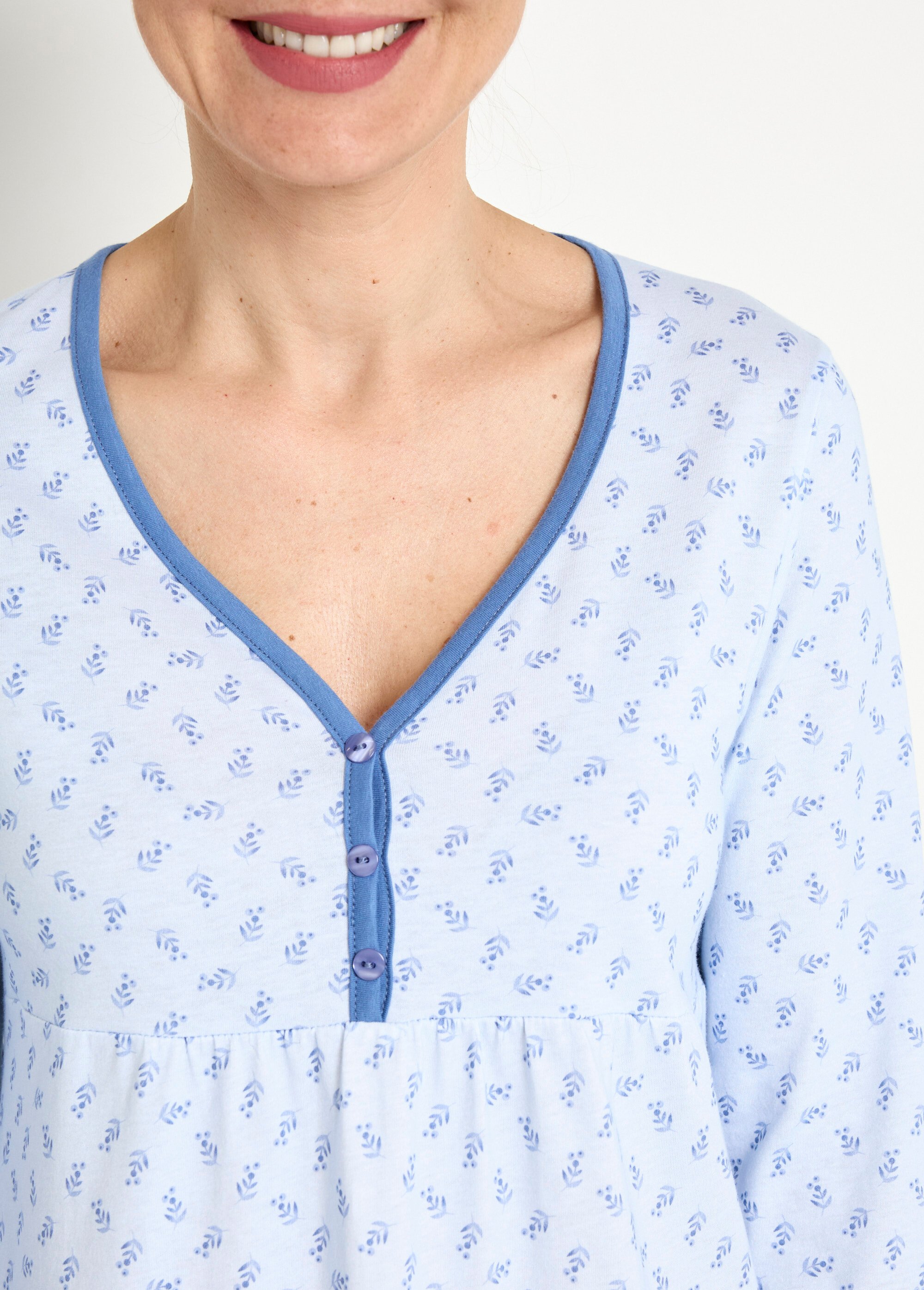 Chemise de nuit longue manches 3/4 coton imprimé Femme Bleu SOUPLE DE1