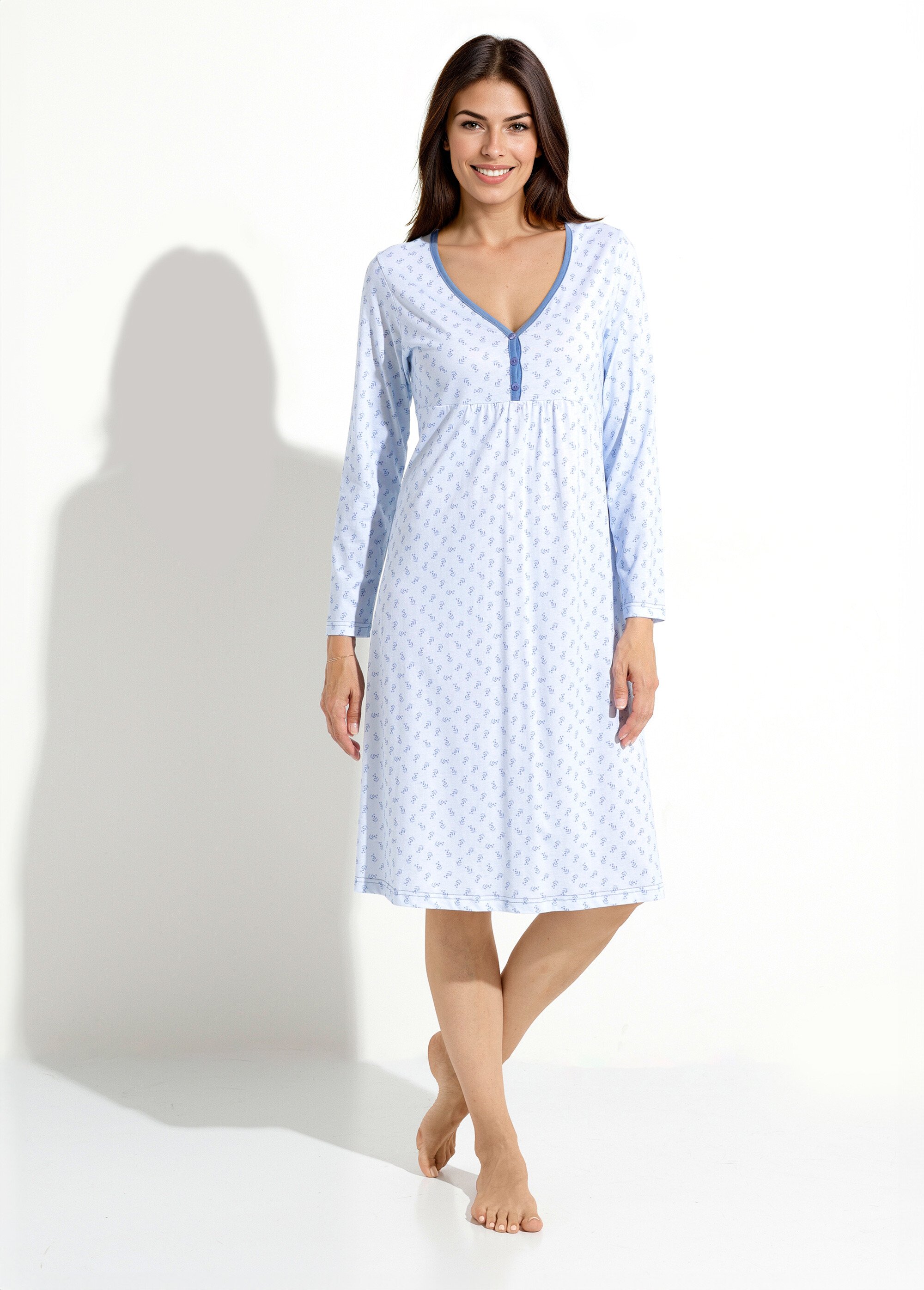 Chemise de nuit longue manches 3/4 coton imprimé Femme Bleu SOUPLE FA1