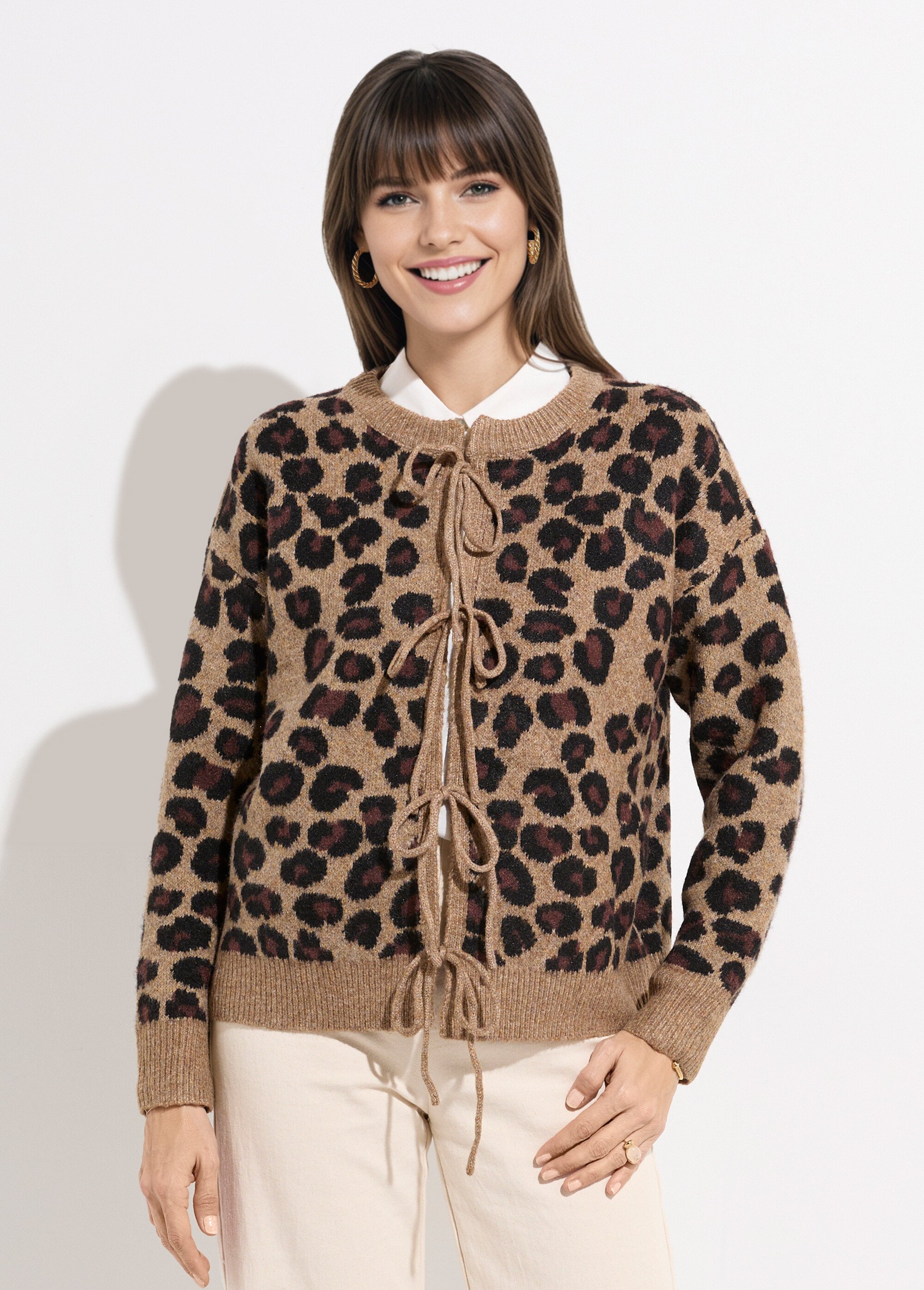 Gilet chaud léopard avec liens à nouer Femme Beige KA-PK812 FA1