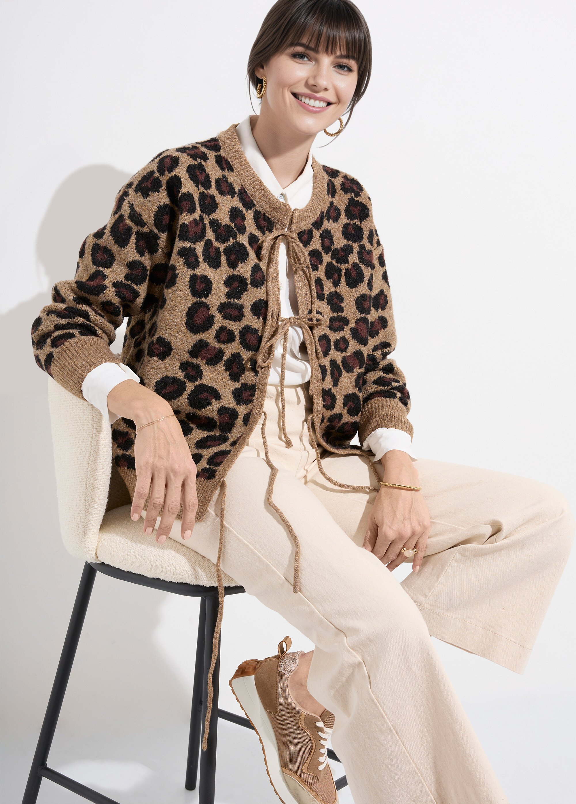 Gilet chaud léopard avec liens à nouer Femme Beige KA-PK812 MV1