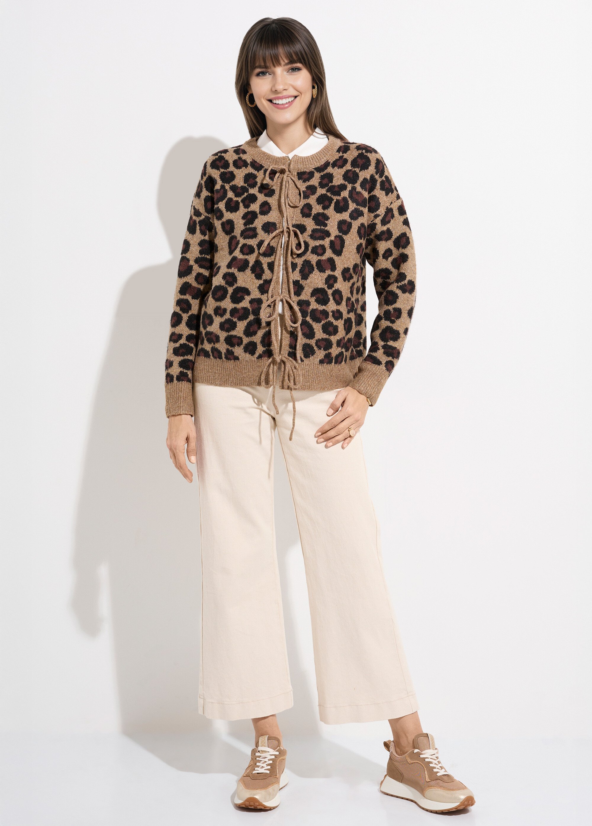 Gilet chaud léopard avec liens à nouer Femme Beige KA-PK812 SF1