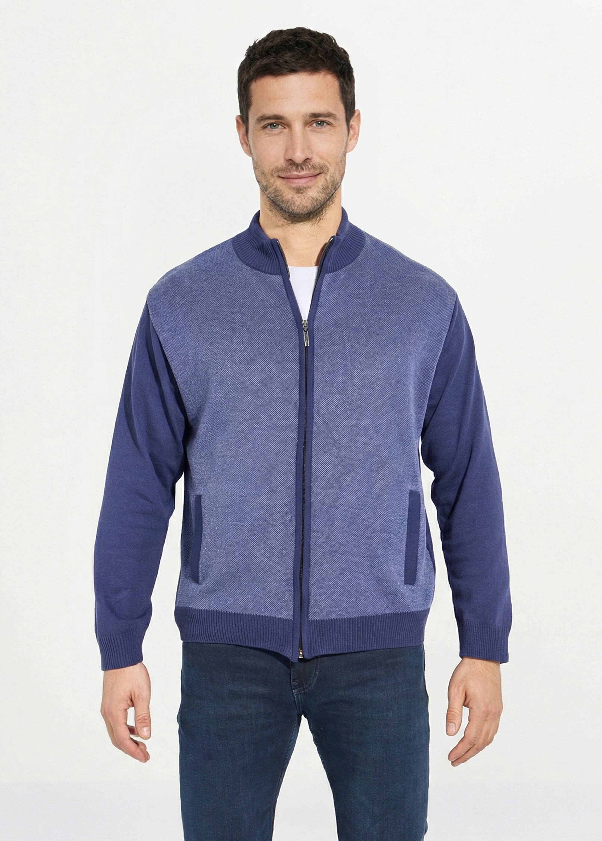 Gilet zippé maille caviar coton col montant Homme Bleu FEODAL FA1