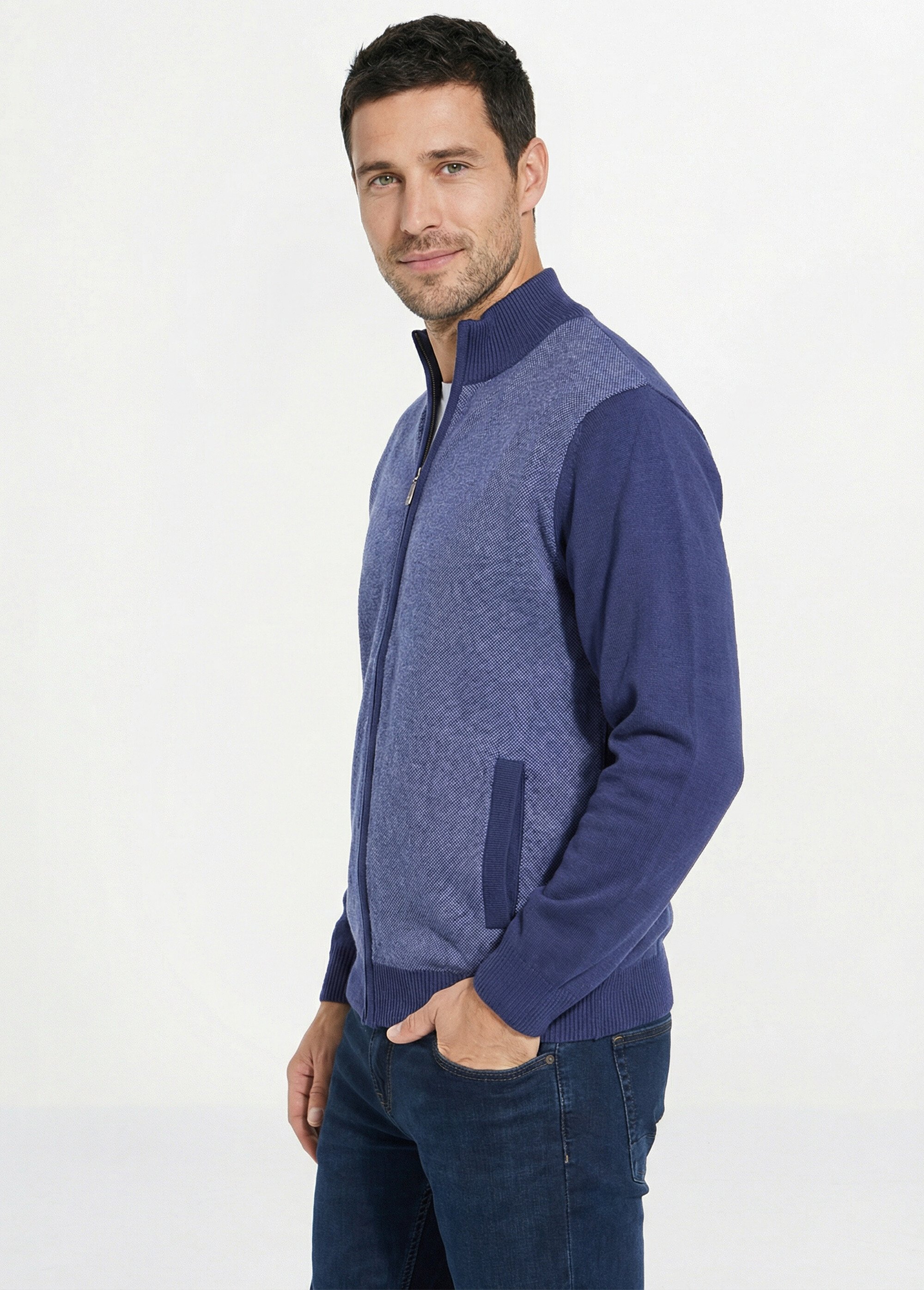 Gilet zippé maille caviar coton col montant Homme Bleu FEODAL MV1