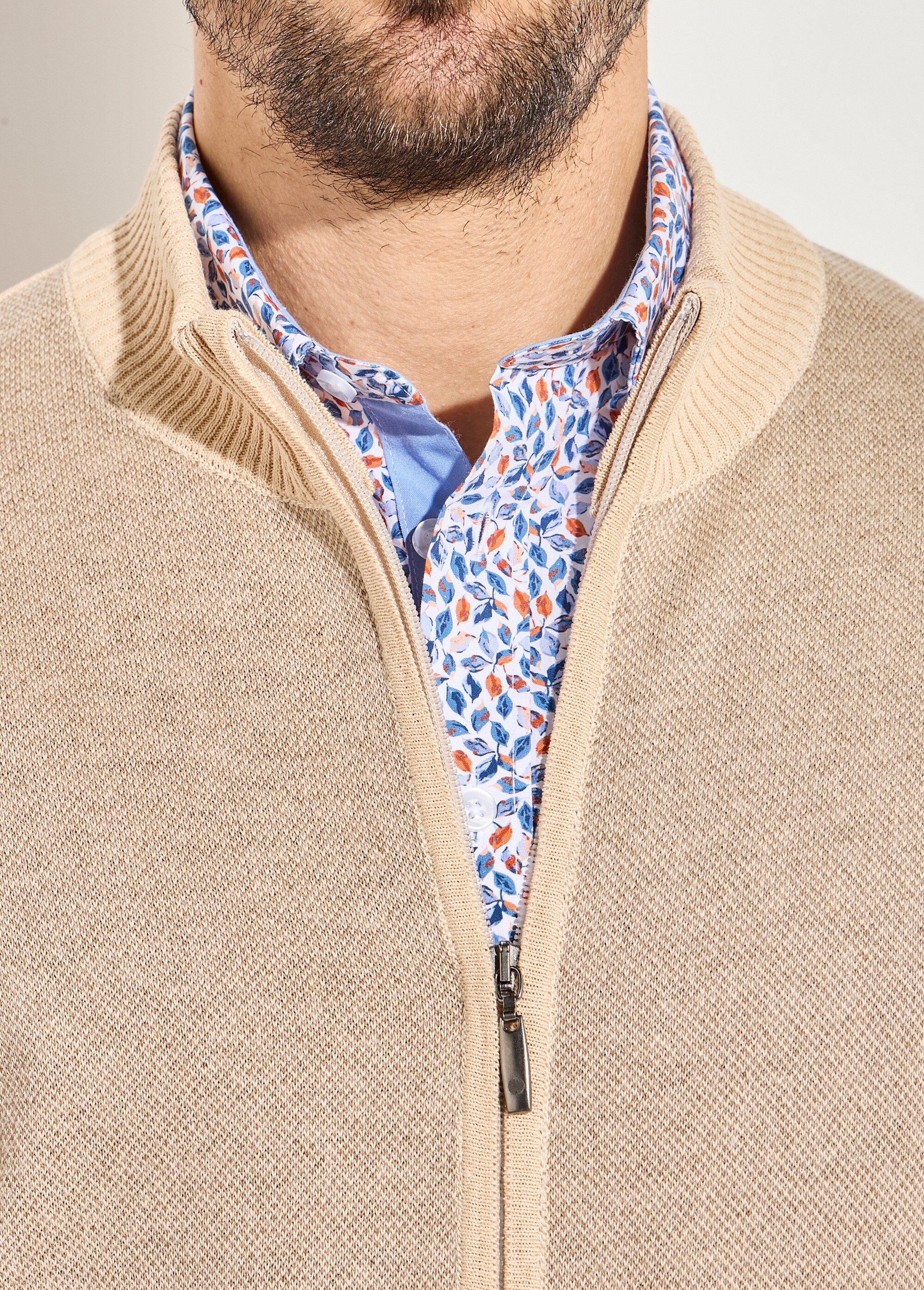 Gilet zippé maille caviar coton col montant Homme Beige FEODAL DE1