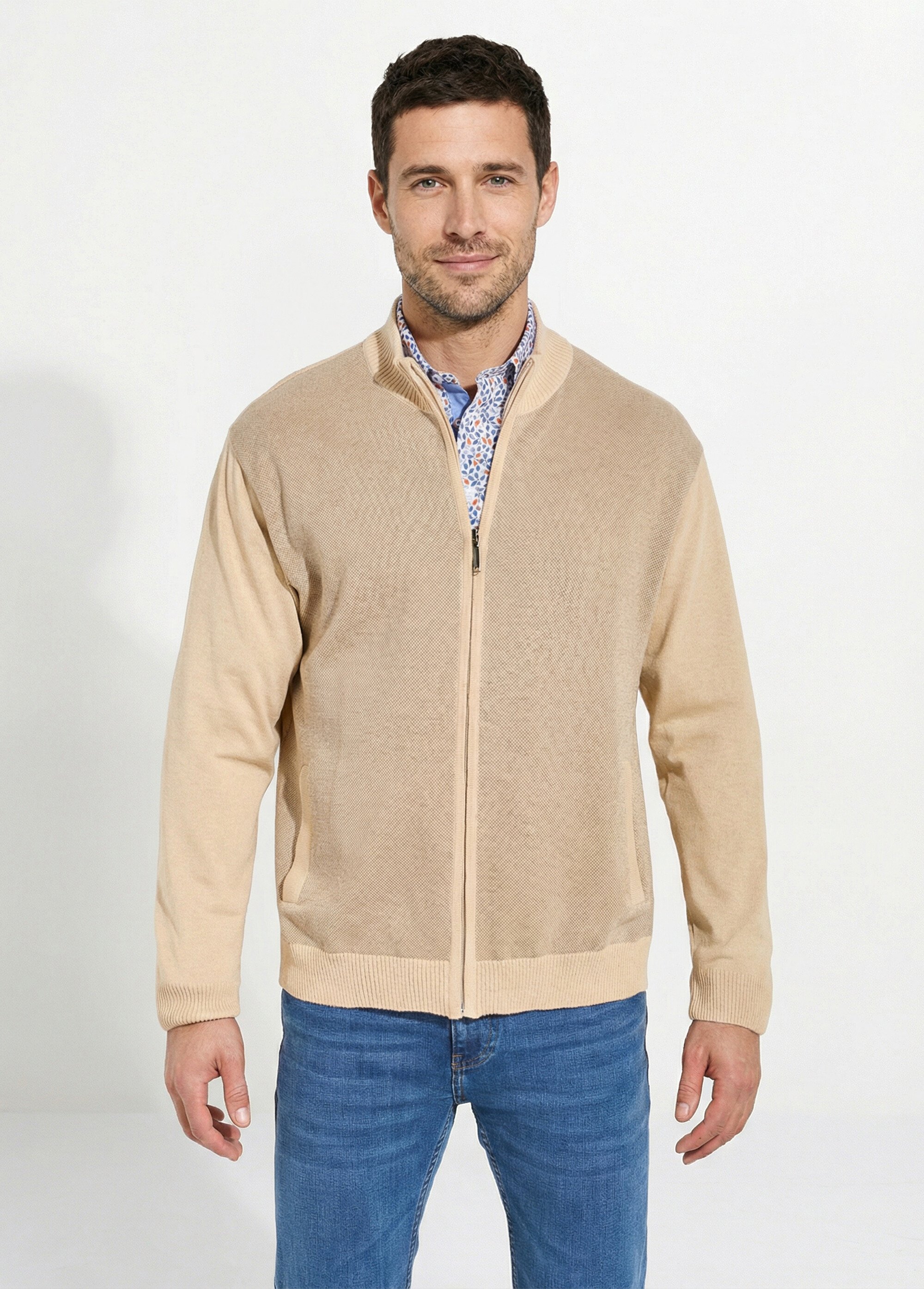 Gilet zippé maille caviar coton col montant Homme Beige FEODAL FA1