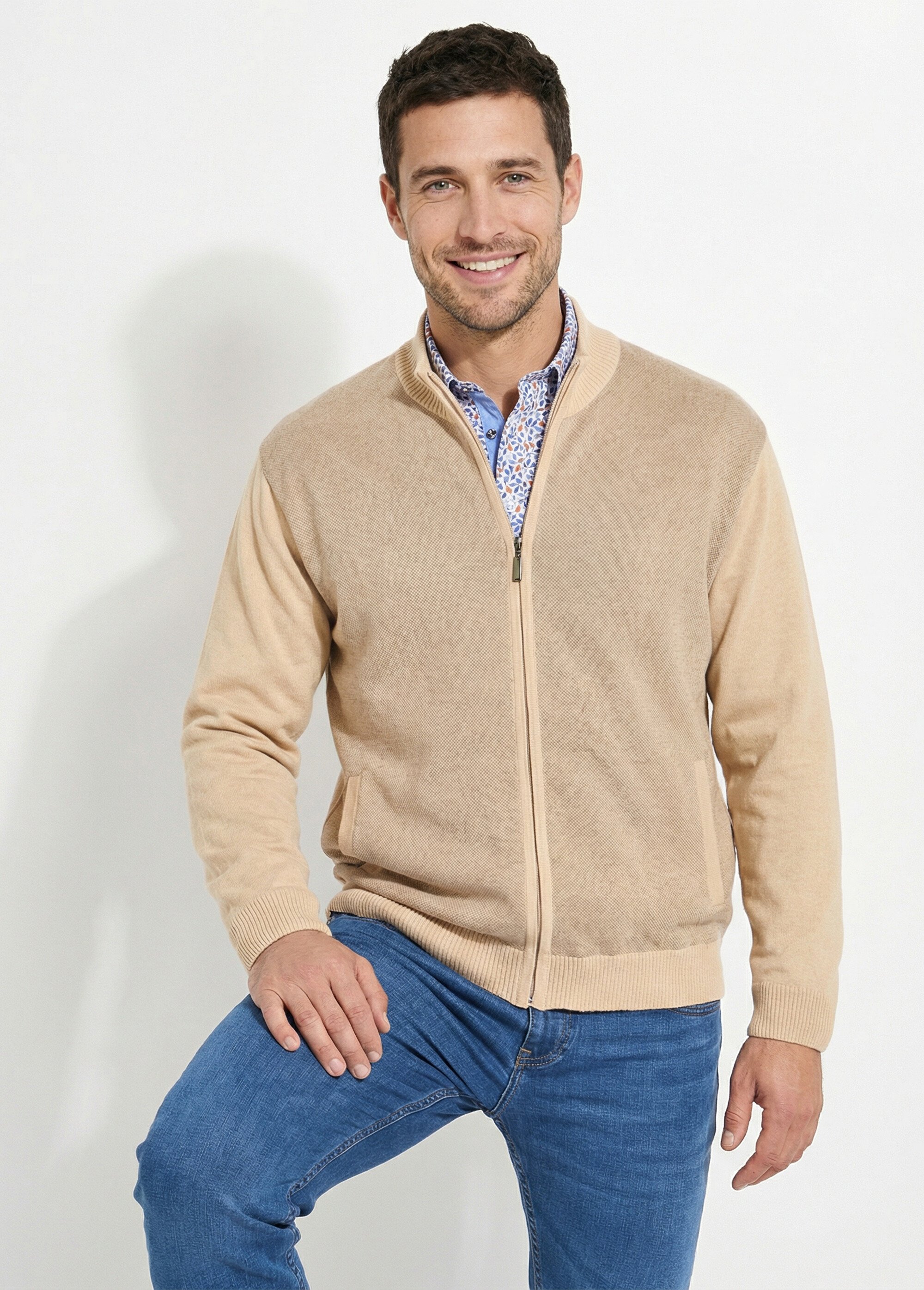 Gilet zippé maille caviar coton col montant Homme Beige FEODAL MV1