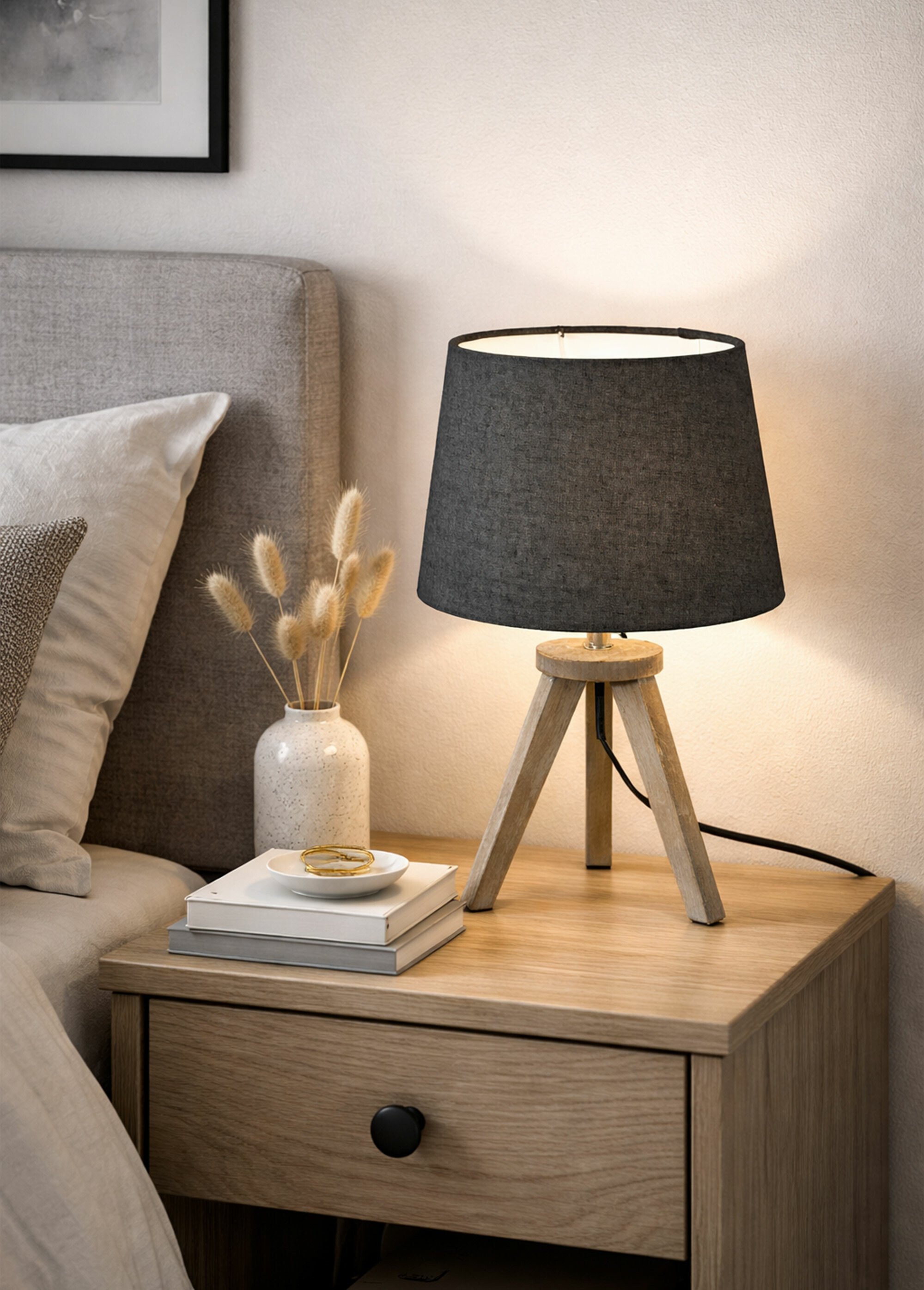 Lampe mini trépied bois, abat jour tissu GRIS JJA-161510B SI1