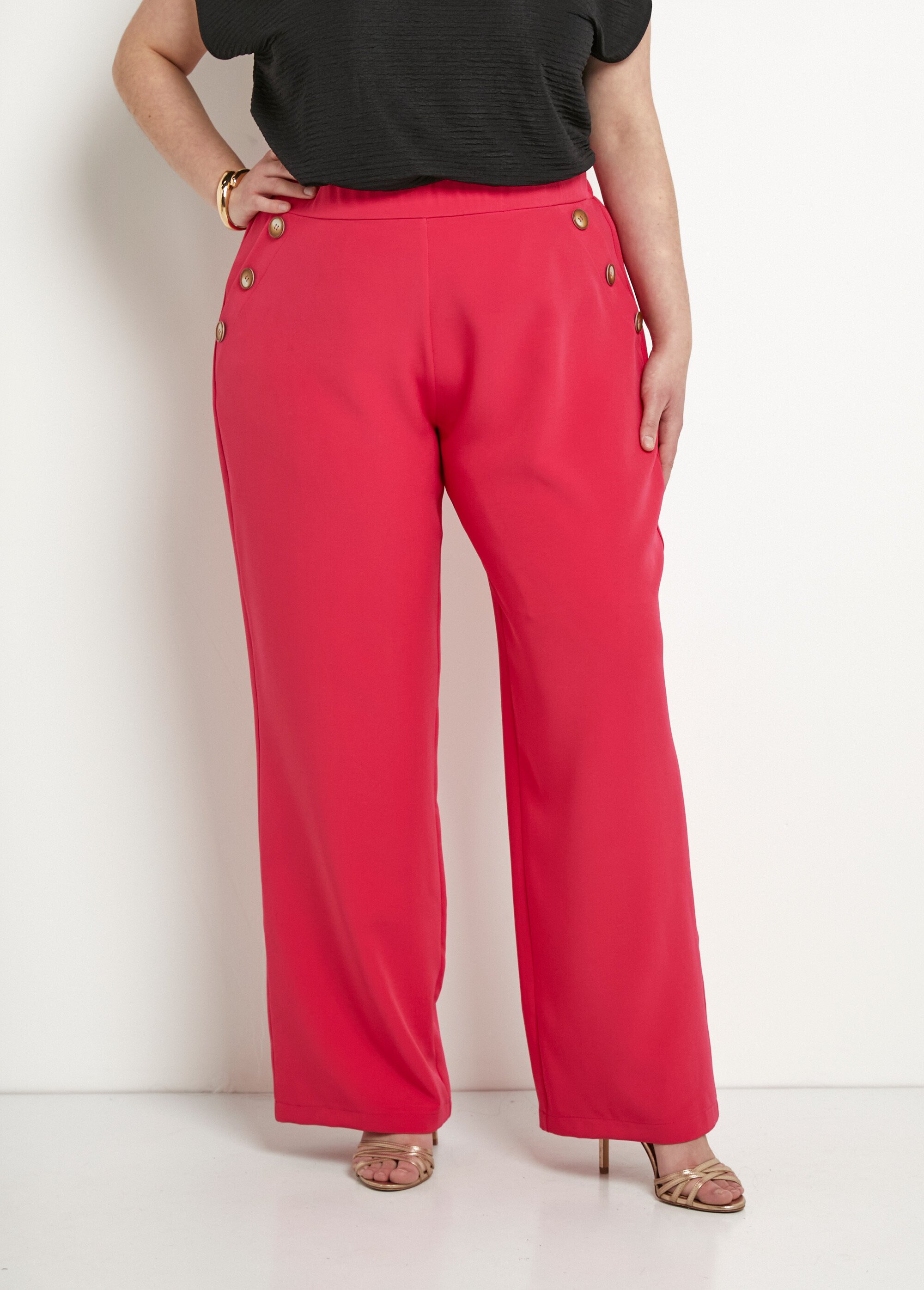 Pantalon large uni taille semi-élastiquée Rose Afibel