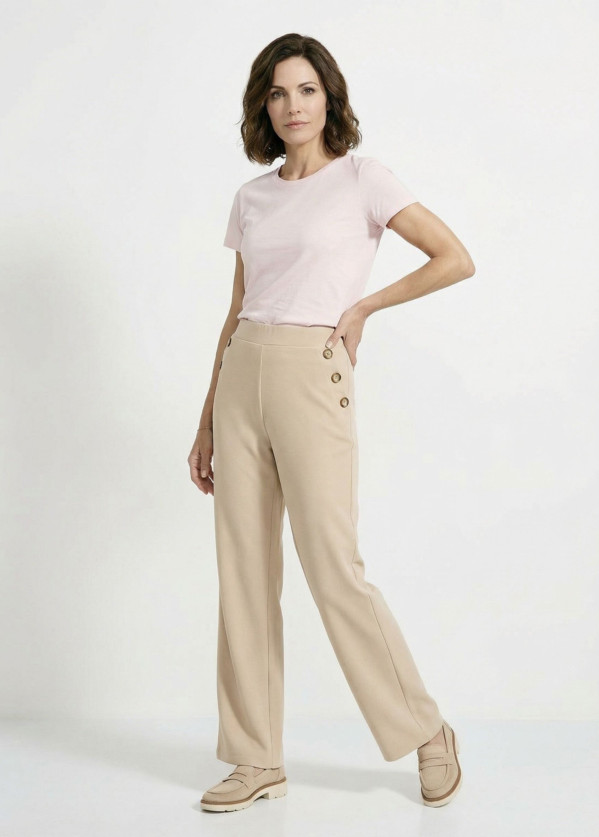 Pantalon large uni taille semi-élastiquée