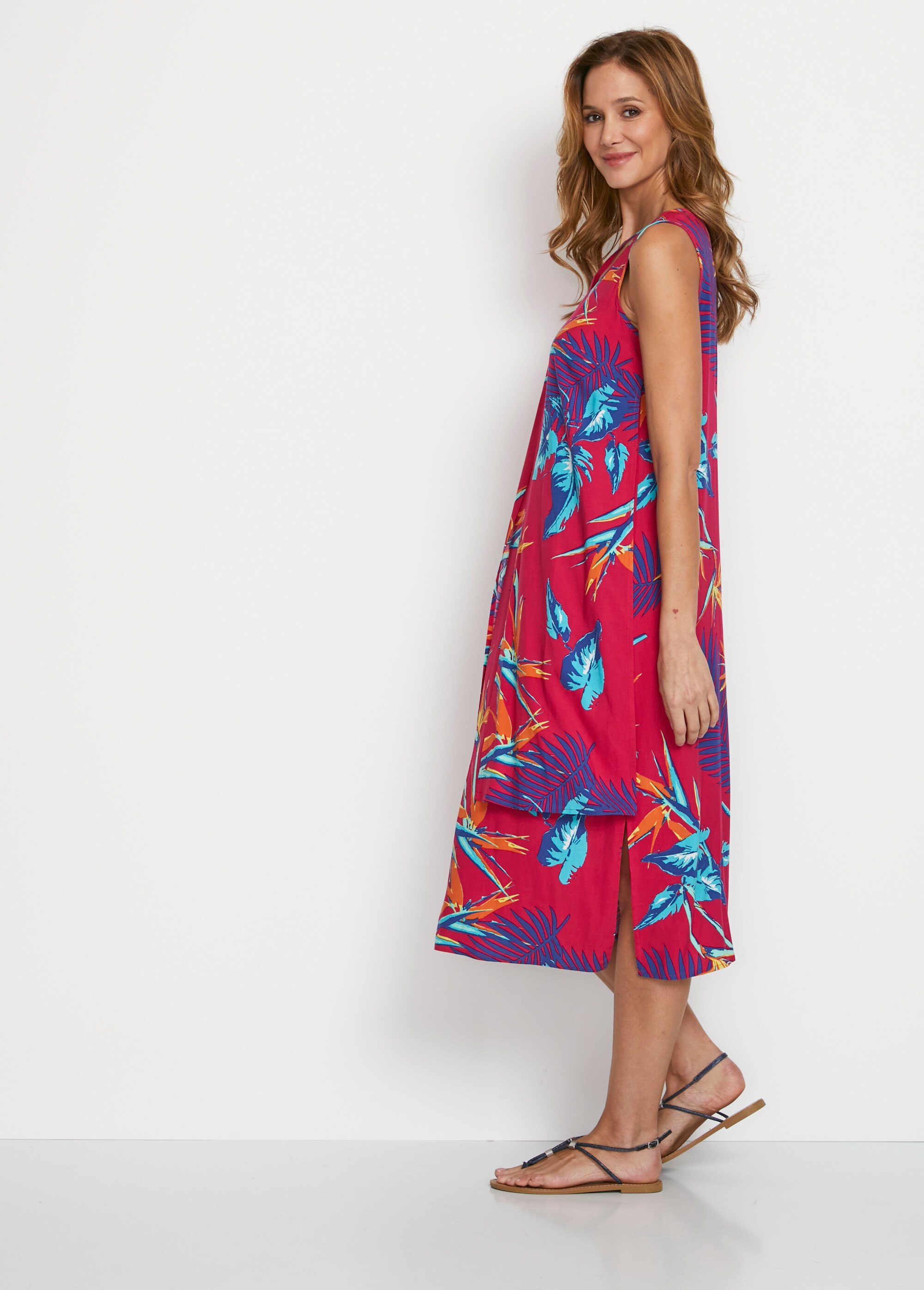 Robe mi-longue sans manches motif végétal Femme Rouge ECUSSON DR1