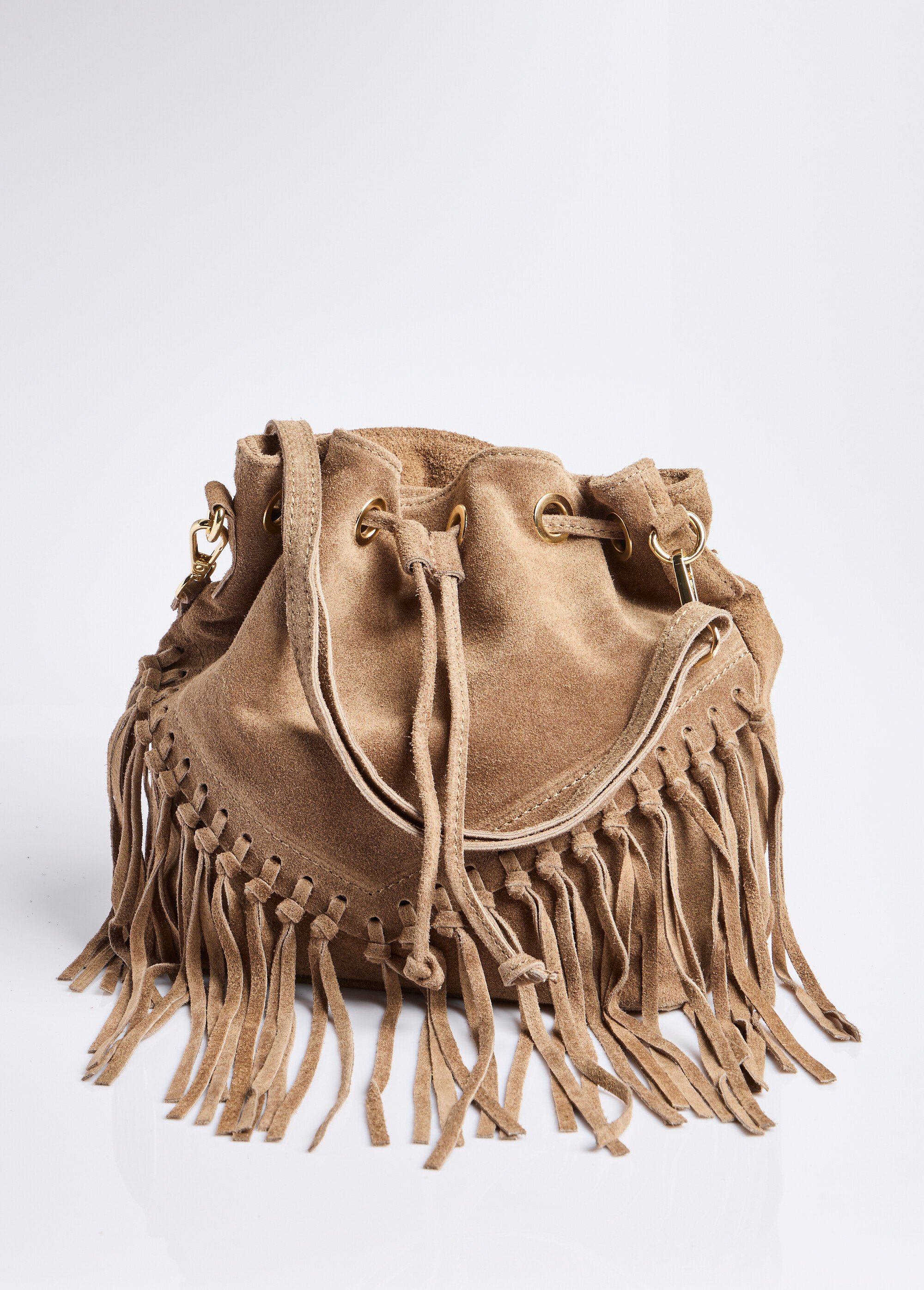 Sac forme seau en cuir daim et à franges