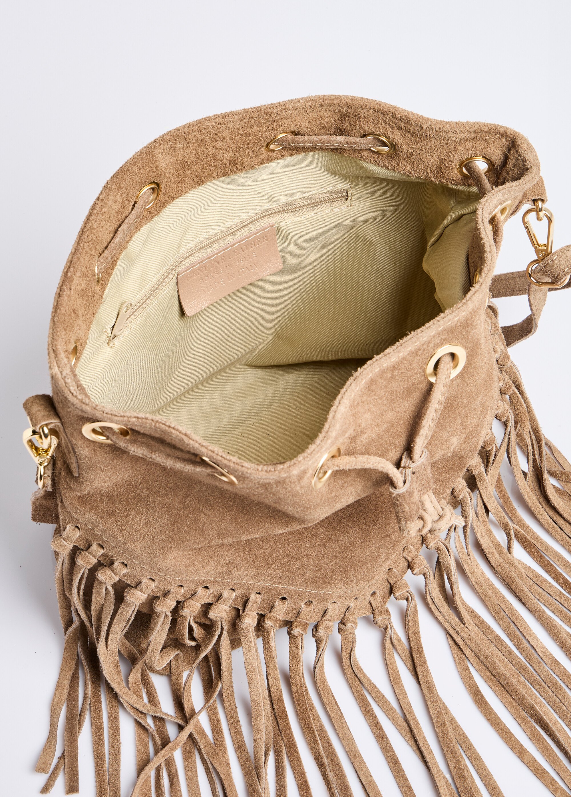 Sac forme seau en cuir daim et à franges Femme Marron ZEZC0207 OV1