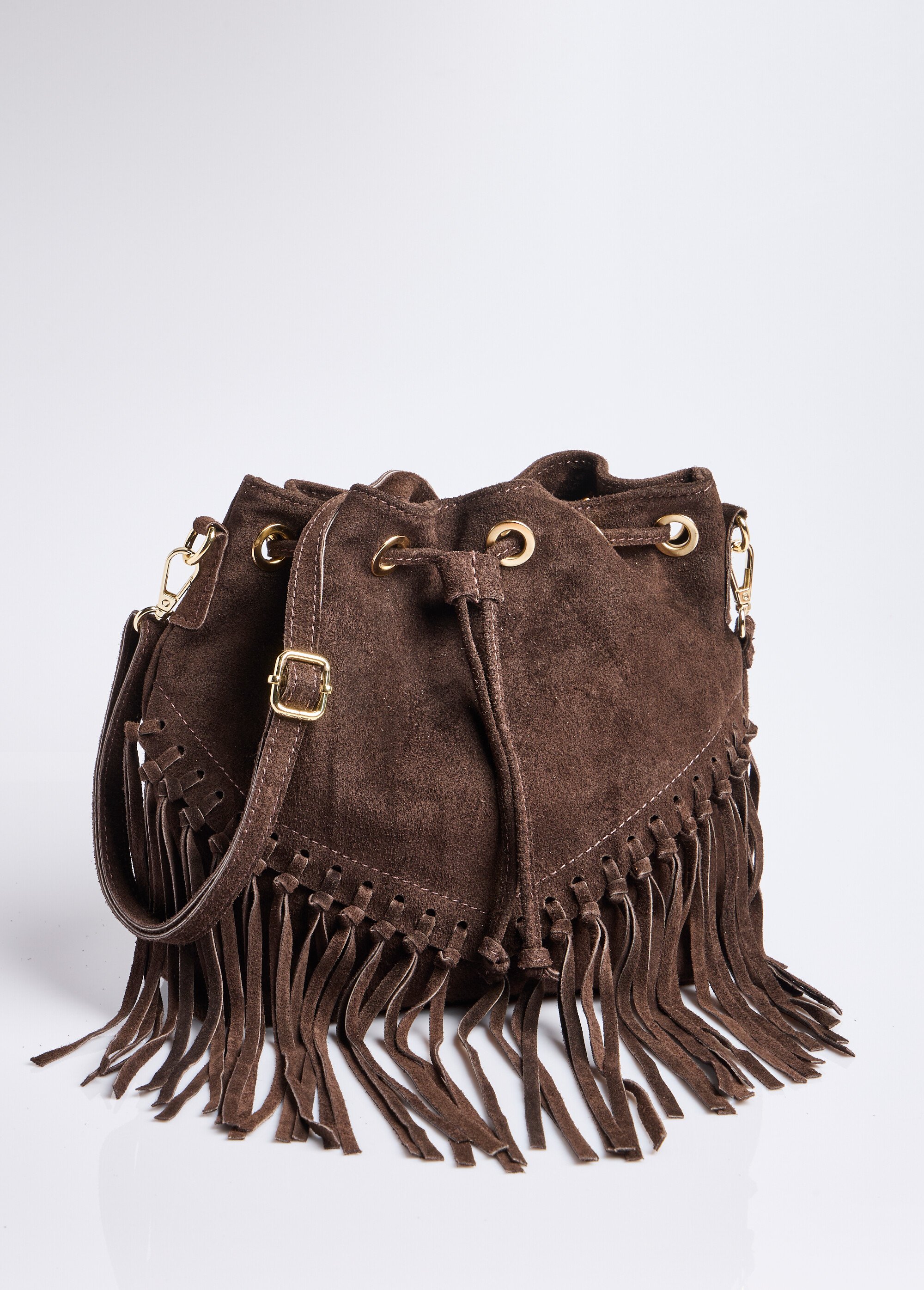 Sac forme seau en cuir daim et à franges