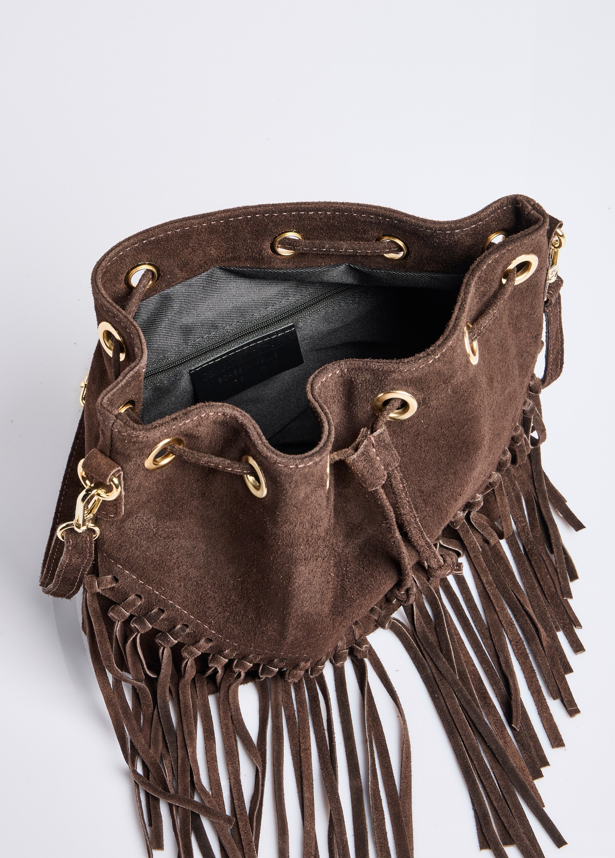 Sac forme seau en cuir daim et à franges Femme Marron ZEZC0207 OV1