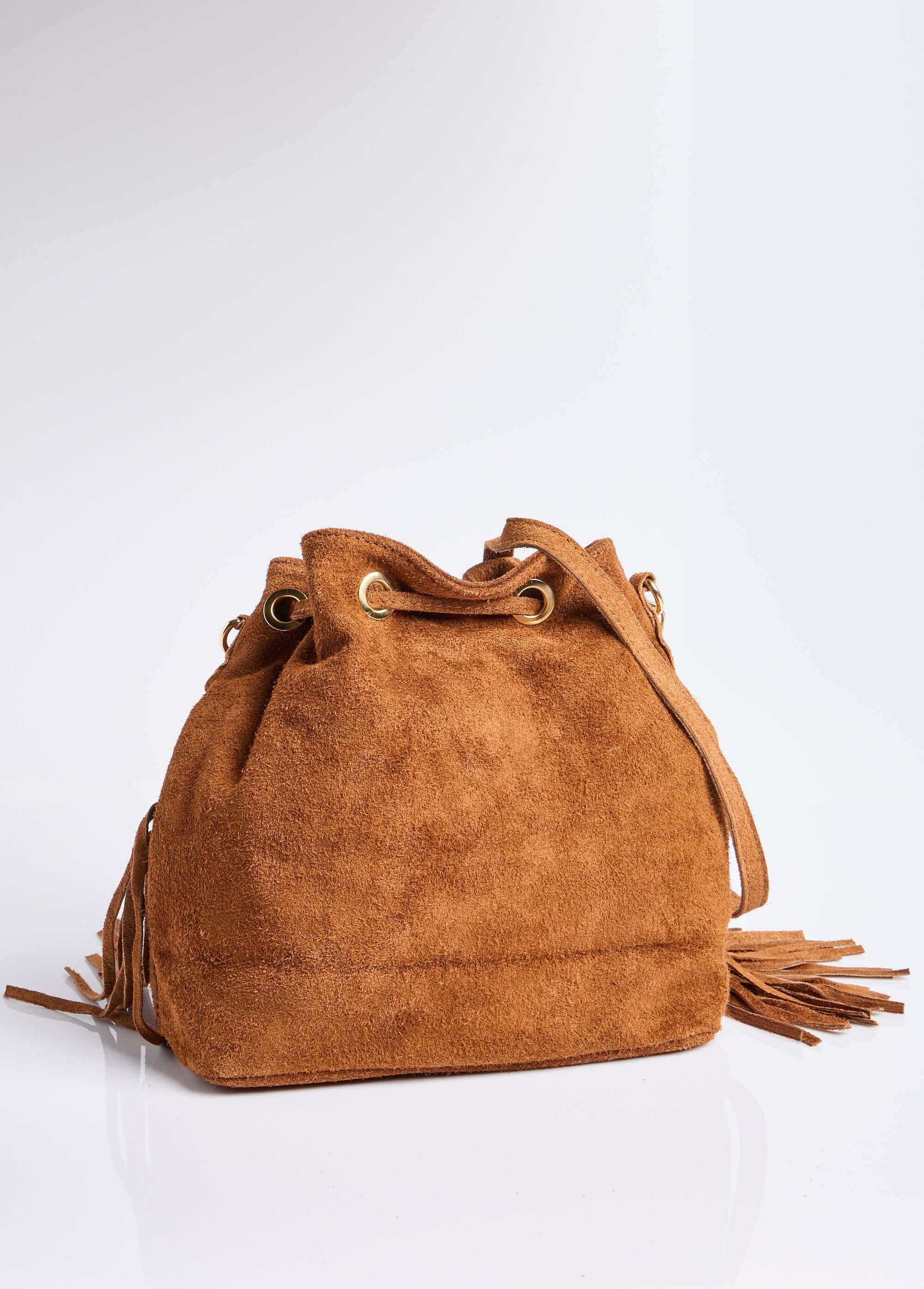 Sac forme seau en cuir daim et à franges