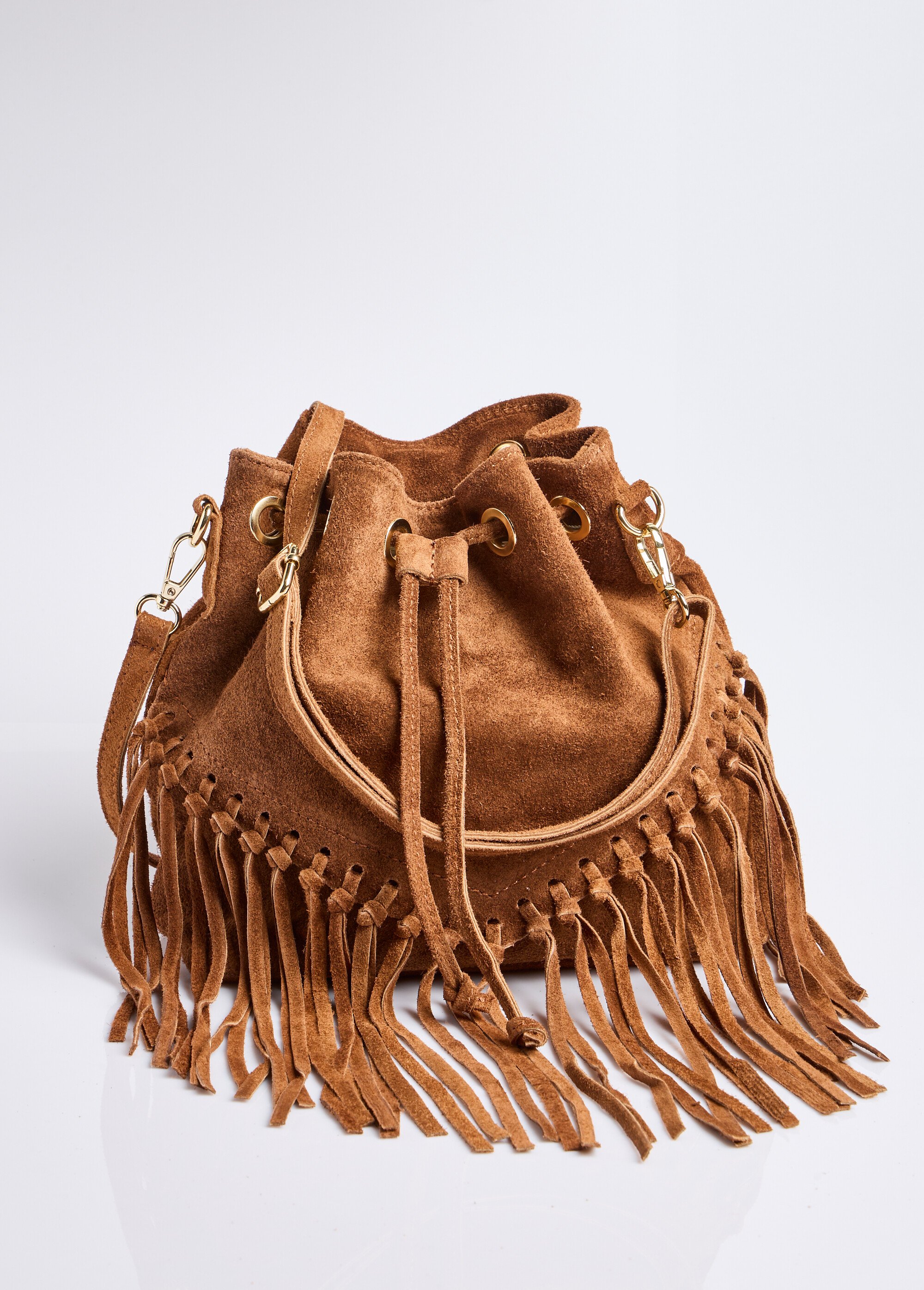 Sac forme seau en cuir daim et à franges