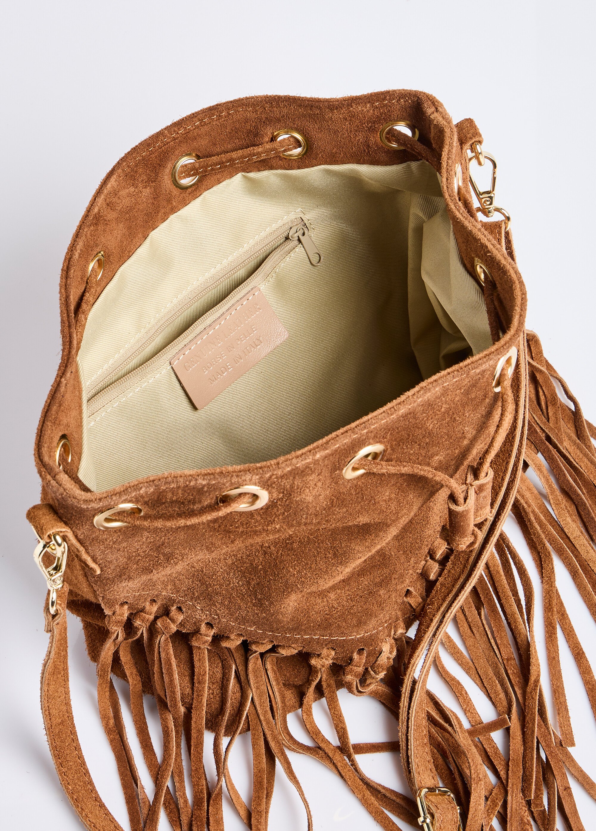 Sac forme seau en cuir daim et à franges Femme Marron ZEZC0207 OV1