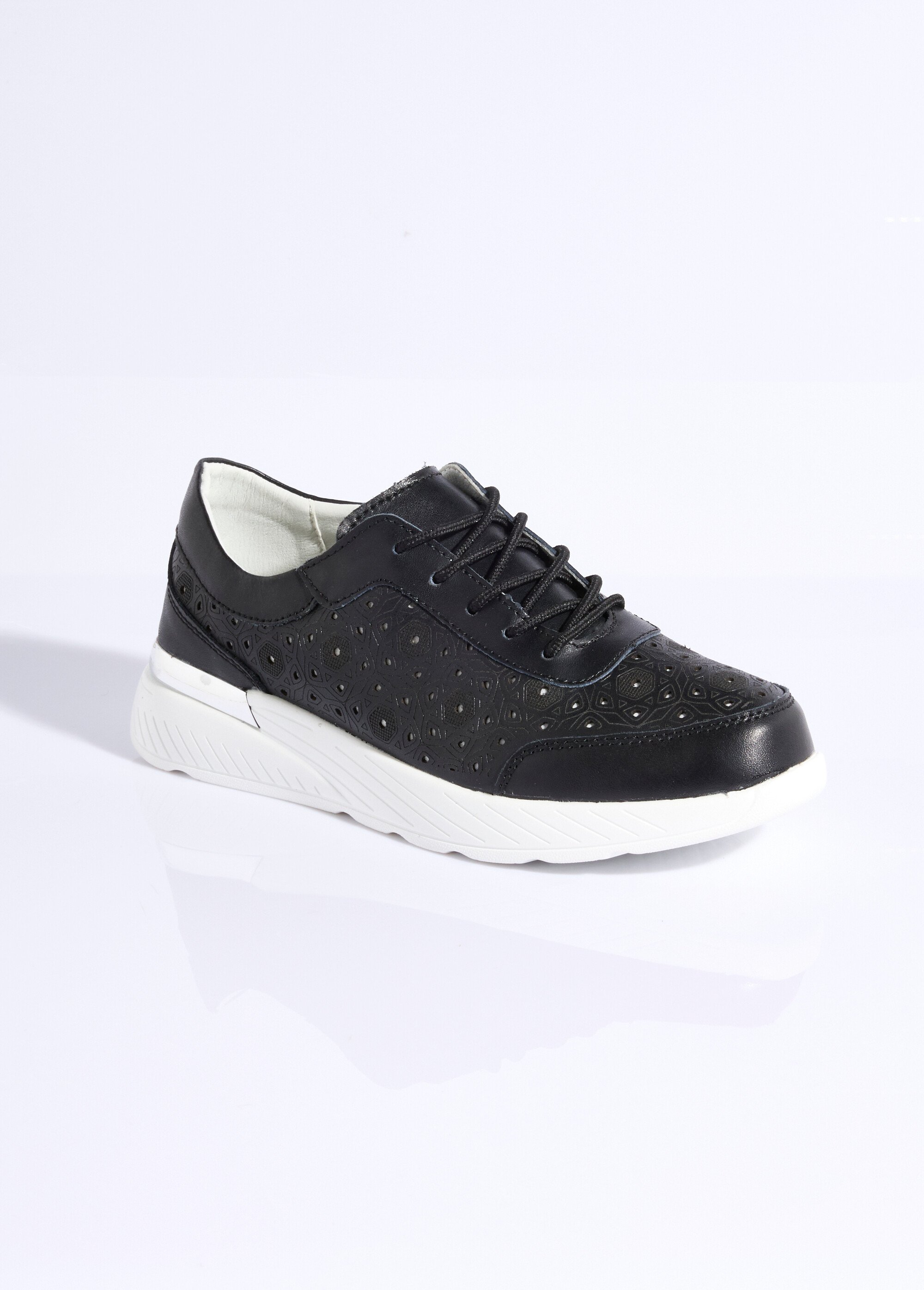 Baskets à lacets perforations fleuries Femme Noir LBS-5105 FA1