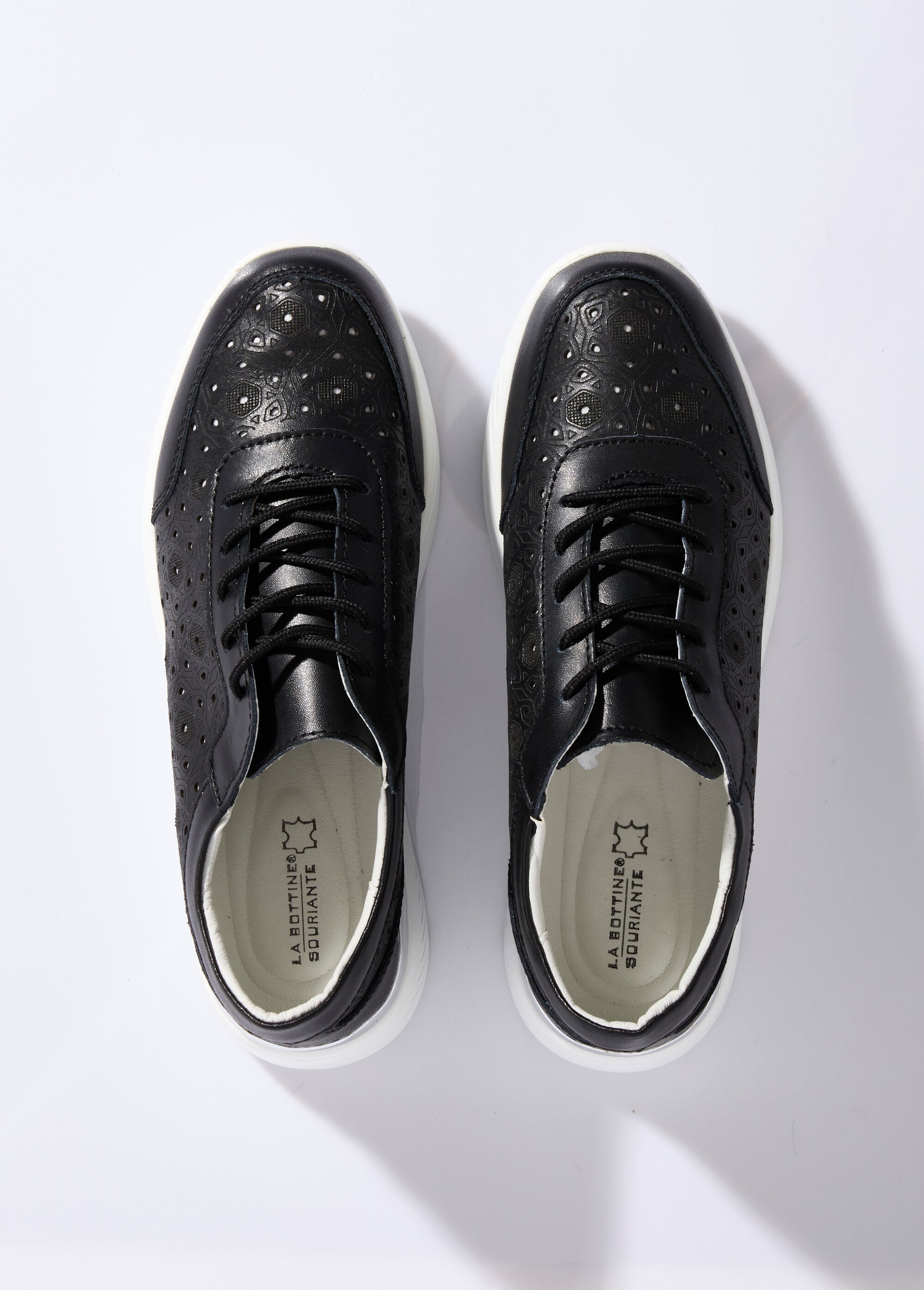 Baskets à lacets perforations fleuries Femme Noir LBS-5105 OV1